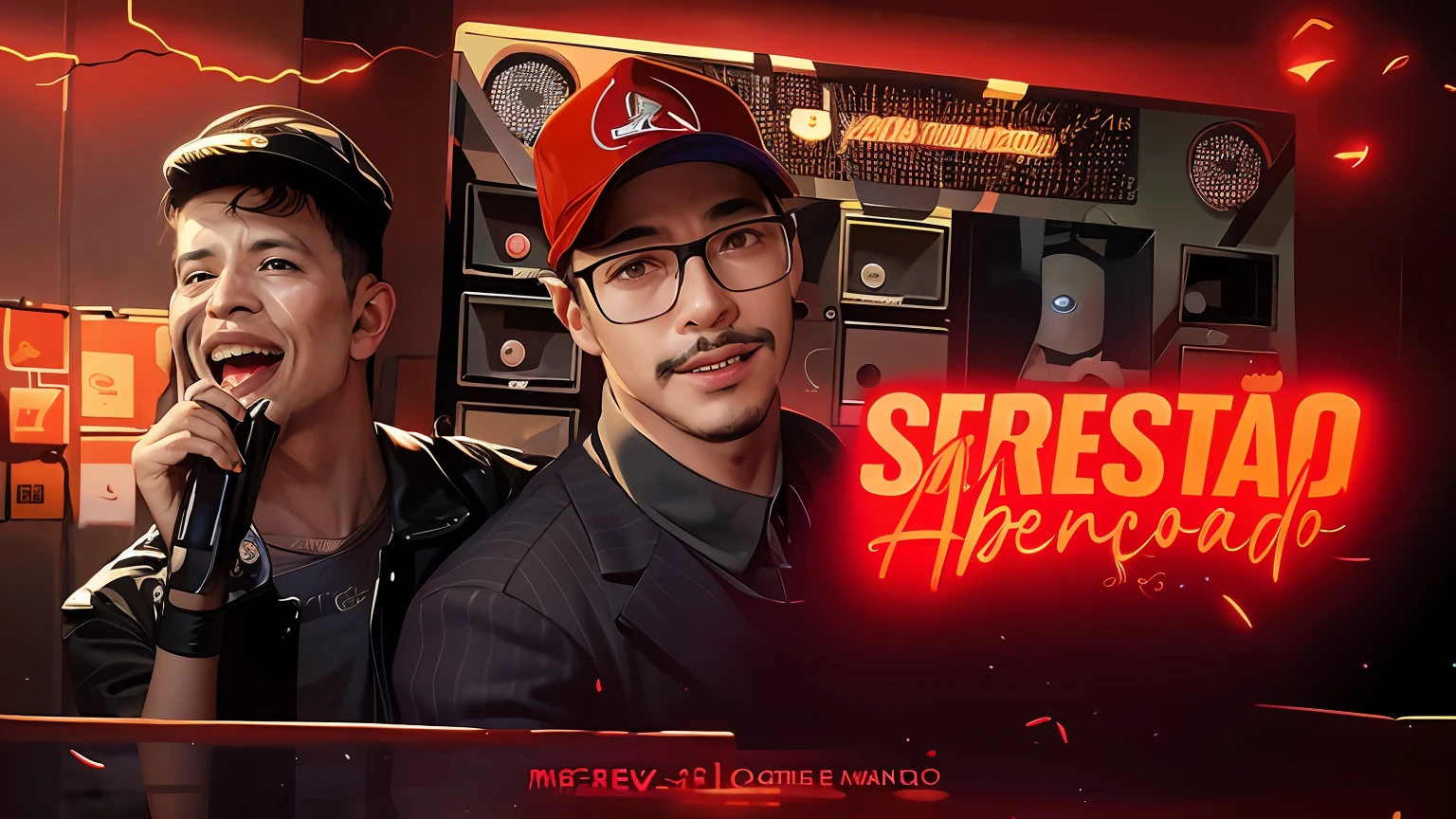 There are two men standing in front of a radio with a red hat on, Agressivo, Sempe, henry ascensio, Album art, stern expression, Asencio, serene expression, music album art, Henry Alvim Correa, album cape, Miniatura do YouTube, foto de perfil 1024px, Alma piedosa, music album cover