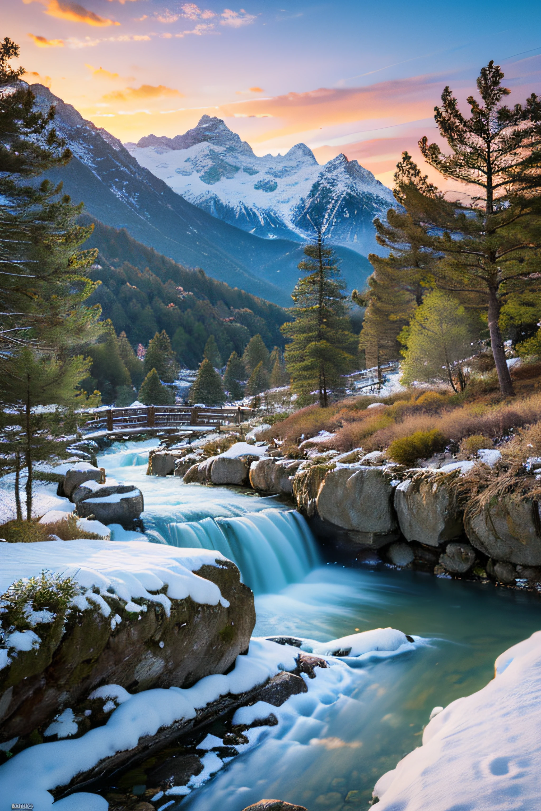 (Photorealistic:1.4),8K,(Masterpiece), Best quality, Highest quality, Original,A high resolution, Unbeatable masterpiece, Ultra-realistic 8K, Perfect artwork, Natural soft light,(sky:1.2), Road,Mountain, The mountain view overlooks the snowy mountains, China, china garden,Clear sky, Cloud, Sunlight,Small bridges and flowing water,willowy