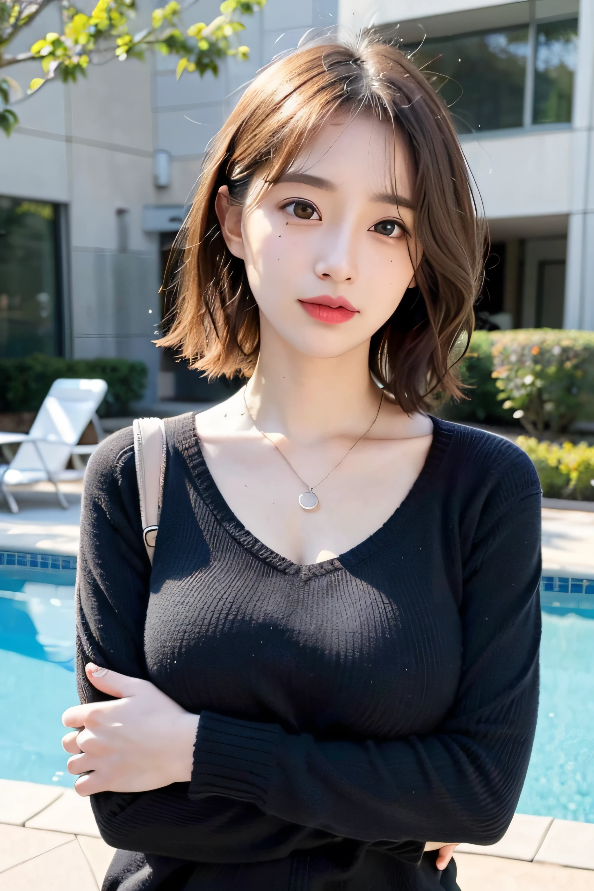 Cute,Sexy face,(8K、RAW Photos、top-quality、​masterpiece:1.2)、(realisitic、Photorealsitic:1.37)、1 rapariga、18year old、femele、natta、profetional lighting、Photon mapping、in poolside、torn、Colossal tits、gals、Lots of lashes、Lame on the eyelids、Pitch black lip、large full breasts:1.5,(Mole under the eyes:1.2),(thick body:1.2),short cut hair、(blonde  hair:1.1),fold your arms behind head:1.5,upper body,(sexy sweater), necklace,
