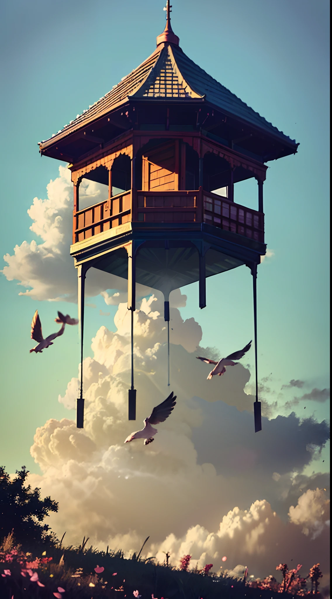 Ancient buildings,Pavilions,Carved beams and paintings,A wooden bridge hangs high in the air,Surrounded by clouds and mist,A couple on the bridge holding hands,There are many birds in the air,ln the forest,blossoms,Look up,fanciful,tmasterpiece,the soft light