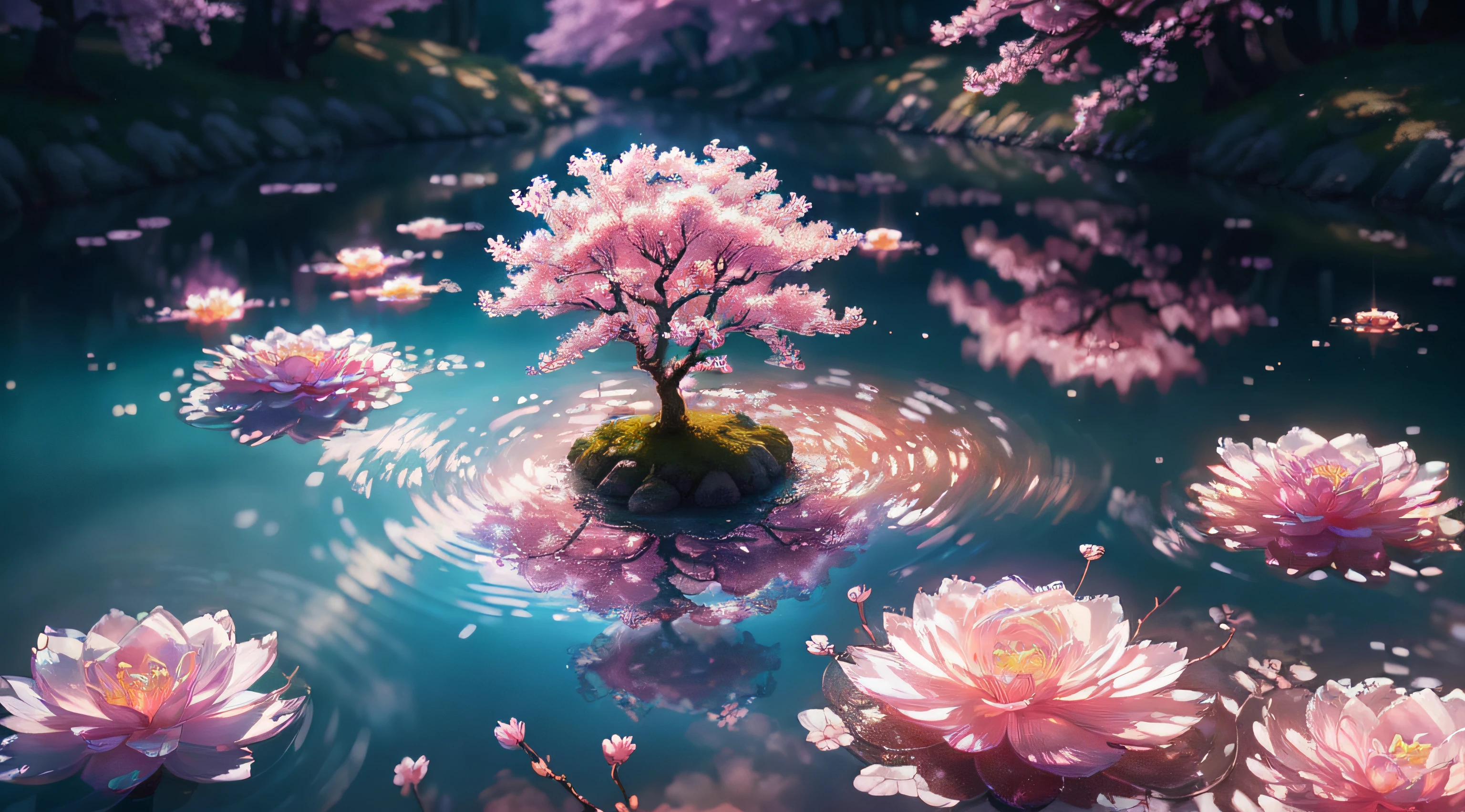Crystal Spring Blossom、, Fantasia、intergalactic、cleanness、, glinting、SHINES、magnifica、colourfull、, magical photography, dramatic lighting, photorealisim, The ultra-detailliert, depth of fields, hight resolution, a river, Many cherry trees are lined up on both sides, 4K