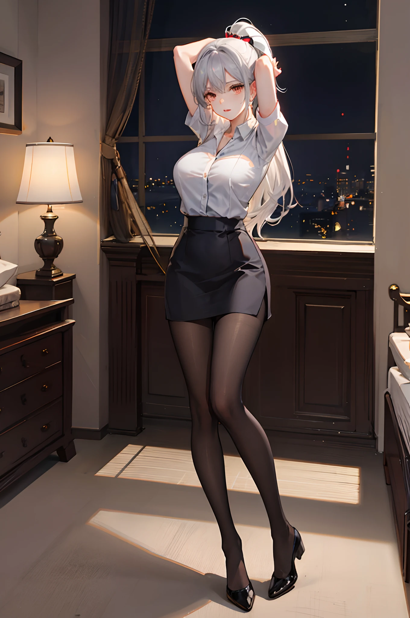 (Extremely normal body:2.0)office room:1 Elf beauty,flightattendantuniform,(ears of elf),Short silver-white hair,flightattendantuniform),Black short stockings,Black socks, Black socks,Translucent black socks,Platform heeled sandals,Normal feet , very detailed eyes and faces, Sharp pupils, realistic pupil, tack sharp focus, cinmatic lighting,full bodyesbian,Bigboobs,long leges,From the front side,dynamicposes,Normal posture,closeup of face