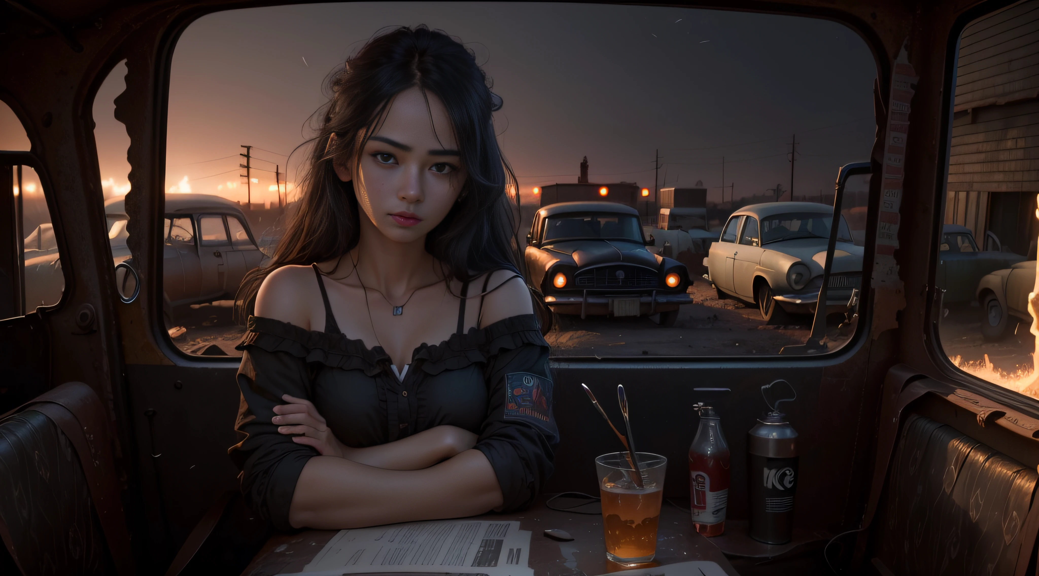 old abandoned gas station, route 66, old broken cars, sunset, bloom, kodachrome colors, sharp focus,(xx),(in the dark:2) Best quality, masterpiece, ultra high res, (photorealistic:1.4), 1girl, offshoulder, (deep shadow:1.2),long hair, low key,black hair, night, realistic, photo-realistic ,(RAW photo, best quality), (realistic, photo-realistic:1.3),best quality,highly detailed,masterpiece,ultra-detailed,illustration,1girl,upper_body,dynamic angle,world masterpiece theater,messy_long_hair,best quality,extremely detailed CG unity 8k wallpaper,ink,Amazing,cinematic lighting,lens_flare, dunhuang_style