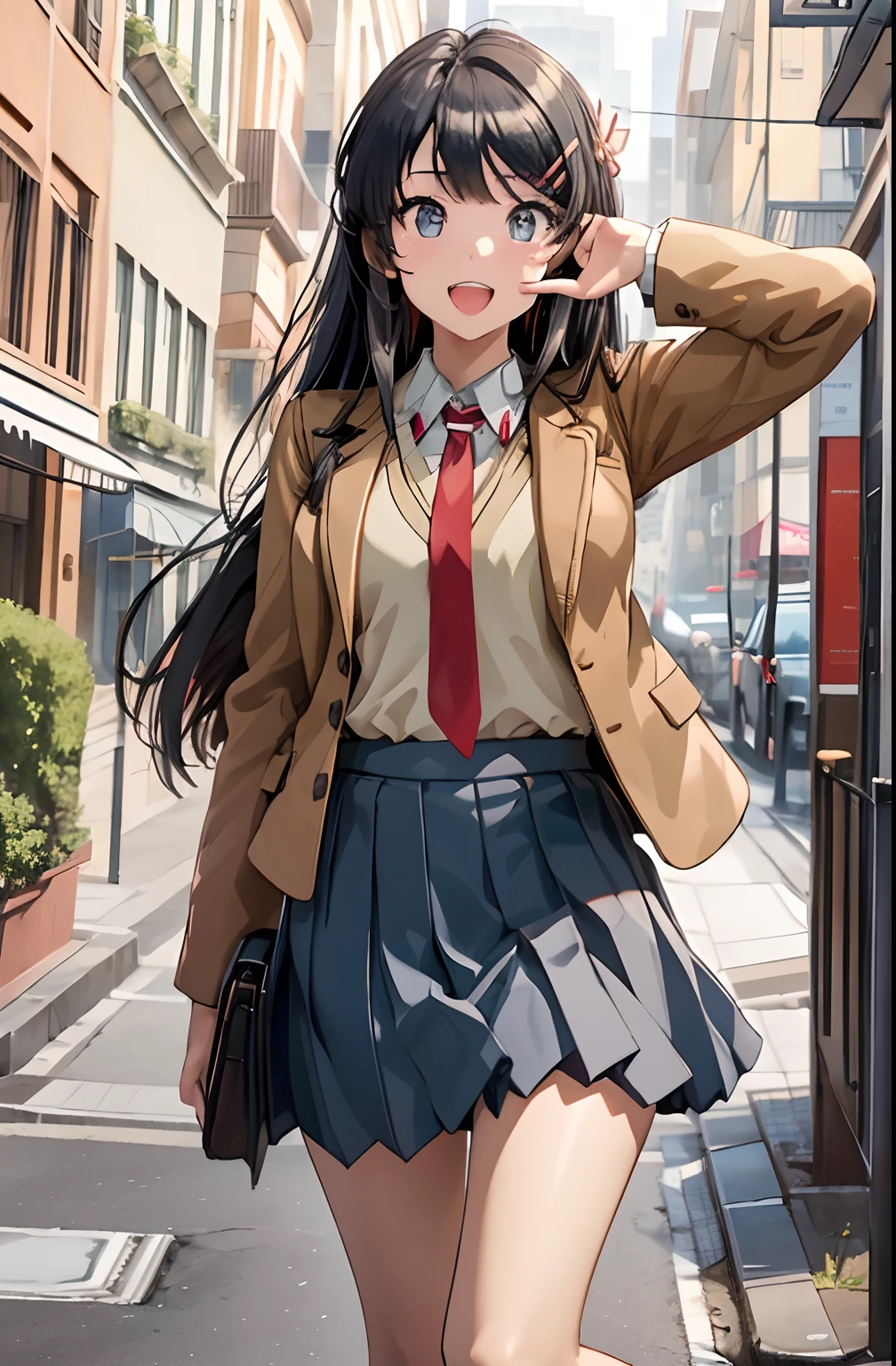 (masterpiece,best quality, detailed), 1girl, solo focus, outdoors, street, , day, smile, open mouth, waving, arm up,
sakurajima mai, brown jacket, red necktie, white shirt, blue skirt, sweater vest, hairclip, loafers