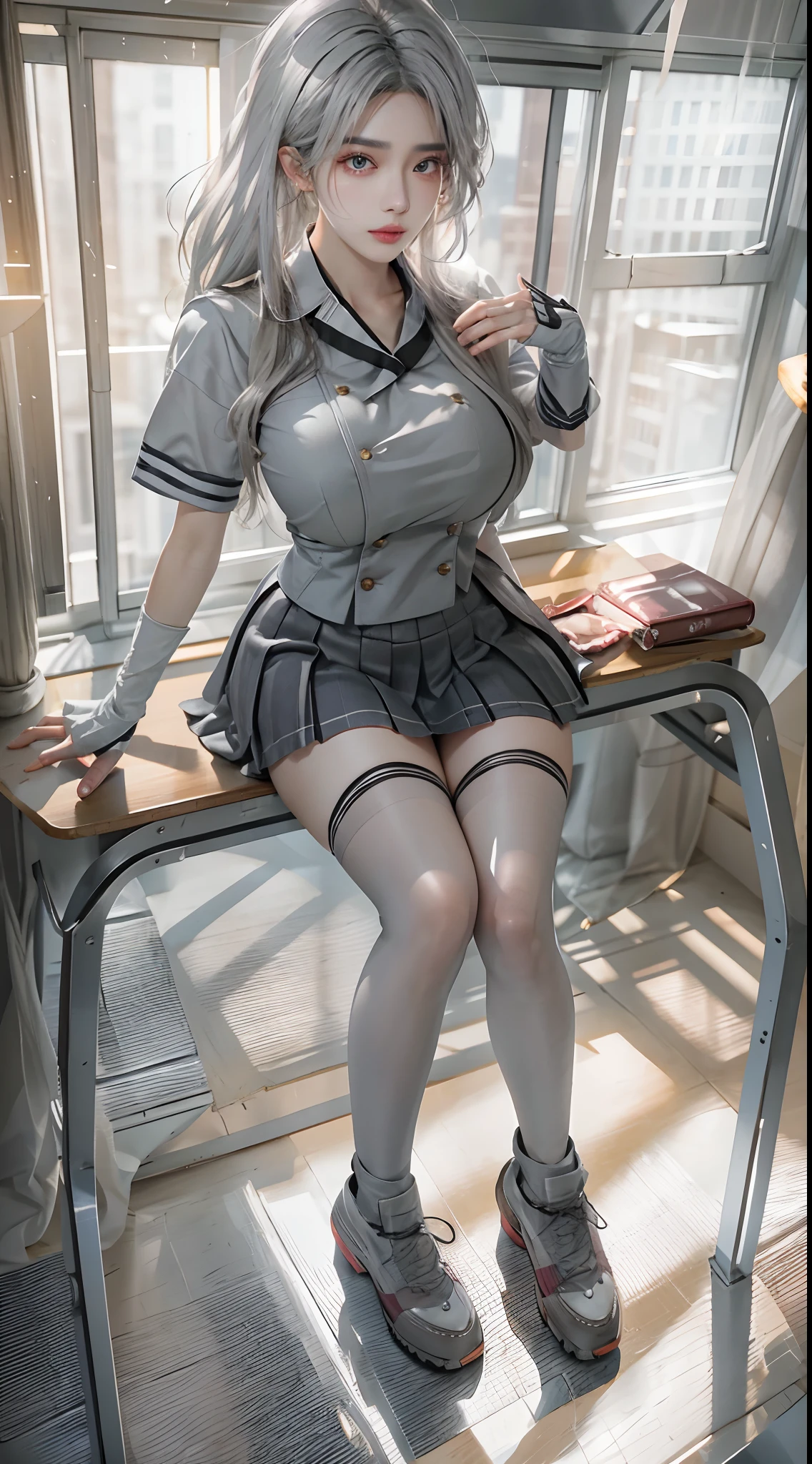 masterpiece, best quality, high quality, High definition, High quality texture, High quality shadow, high detail, realistic, Cinematic Light, side lighting, Lens Flare, Ray tracing, sharp focus, (1girl, low-shot , sitting on a chair, none expression, holding a clan , huge breasts , thick thighs , student uniform , grey hair , breasts squeeze :1.3), (intricate details, makeup, PureErosFace_V1:1.0 ),