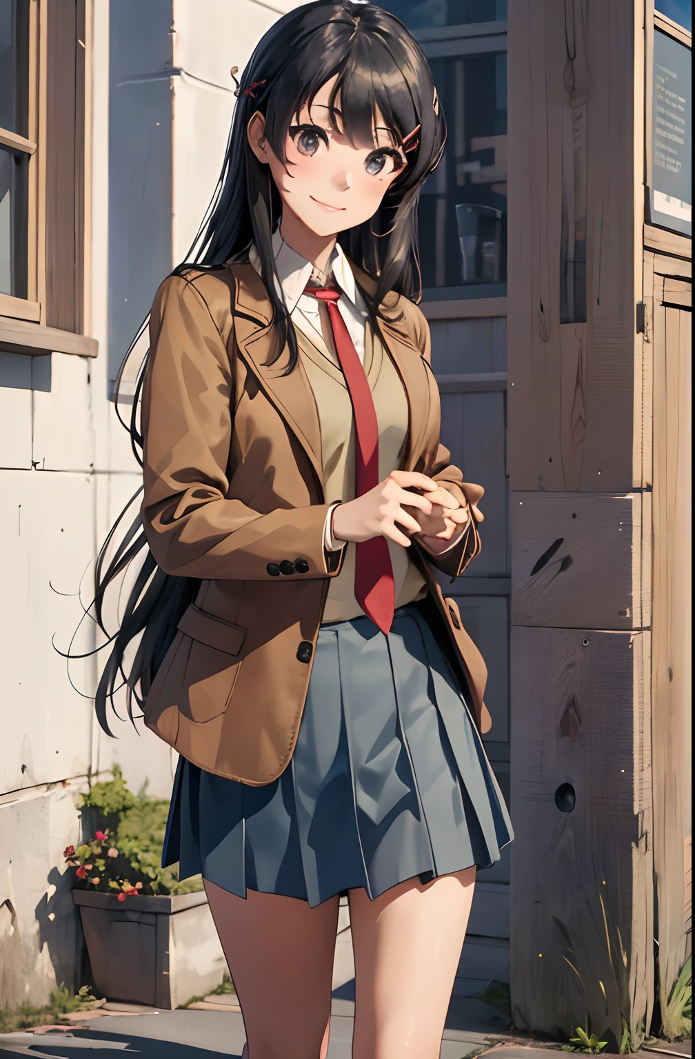 (masterpiece,best quality, detailed), 1girl, solo focus, outdoors, street, , day, smile,
sakurajima mai, brown jacket, red necktie, white shirt, blue skirt, sweater vest, hairclip, loafers
