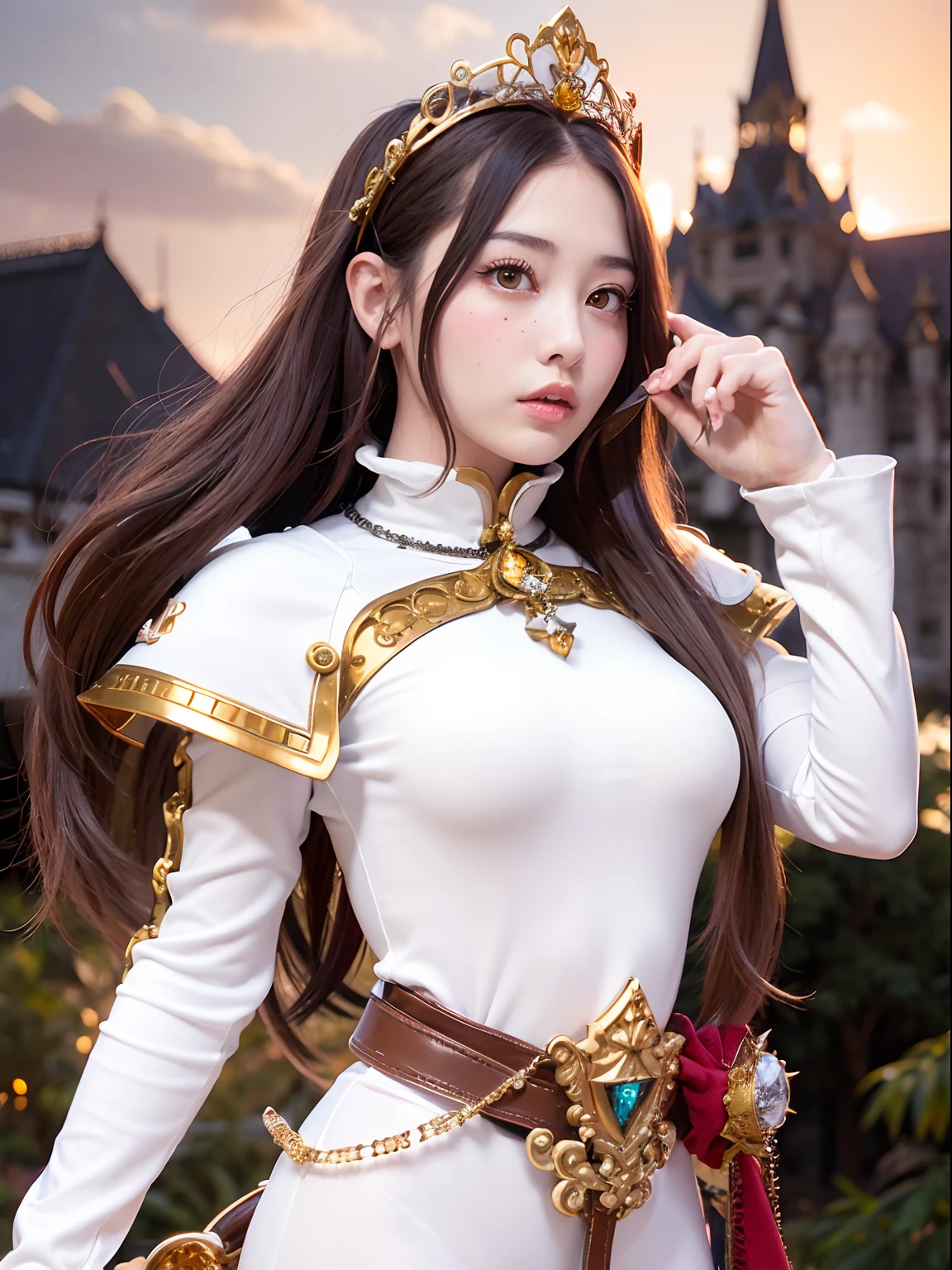 (masutepiece), Professional , masterpiece、top-quality、photos realistic , depth of fields (Gemstone Silver Metal Body:1.9),(Matte White、Jewel Gold Weapon、(Gorgeous castle background)、(ultimate beauty girl)、(Jewel Metal Body:1.4),Gorgeous Jewel Metal Weapons , Detailed Sword of the Brave ,( Tears from the eyes) ,warhammer 40k , adepta sororitas,Detail and ornate jewel crown、独奏、Brown hair、(Gangle's forest background)、Beautiful Caucasian beauty、1a person、dynamic ungle,(((Diamond tiara with detail and luxury)))、a small face、Powerful poses、(Gorgeous castle background)、huge filesize、20 year old beautiful woman、Stand in the center of the screen、Thin female fingers、Straight long hair、Beautiful Caucasian beauty、