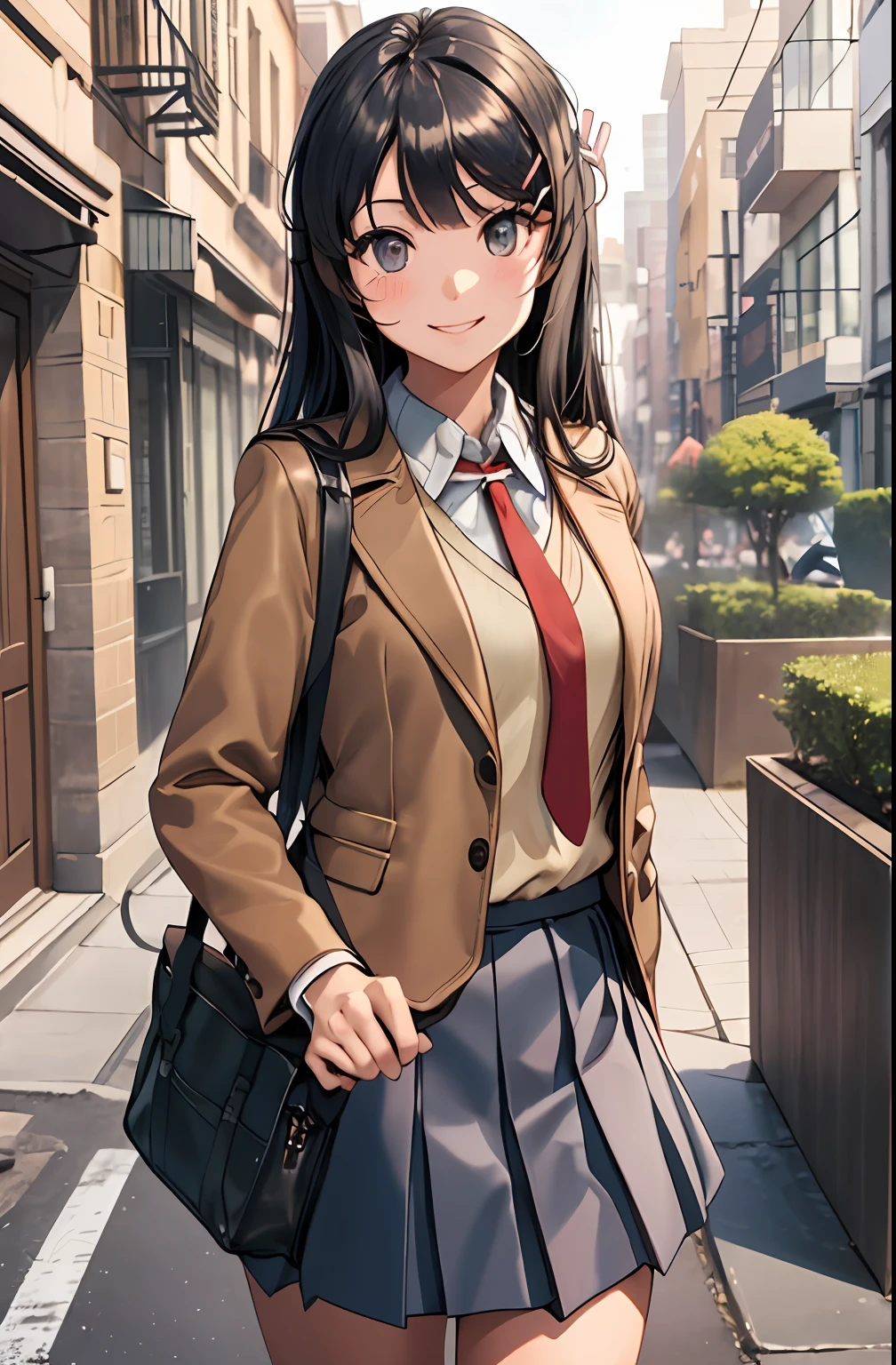 ((Tabletop, highest quality, High resolution, , Perfect Pixel, 4K,))), 1 high school girl, single, alone, beauty、The whole body is visible、 ((Mid-wave hair, bangs, Brown Hair)), ((Brown eyes, Beautiful eyelashes, Realistic eyes)), ((Detailed face, Blushing:1.2)), ((Smooth texture:0.75, Realistic texture:0.65, Realistic:1.1, Anime CG Style)), Medium Chest, Dynamic Angle, Perfect body, ((Red bow tie, , Black jacket, Open jacket, Brown cardigan, White shirt, Black Skirt, Check skirt)), 、、Very embarrassing panic smile, looked back、Leaning forward、The wind is blowing and my underwear is completely visible、Touch your buttocks with both hands、White and pink floral lace panties、Angle from below)、