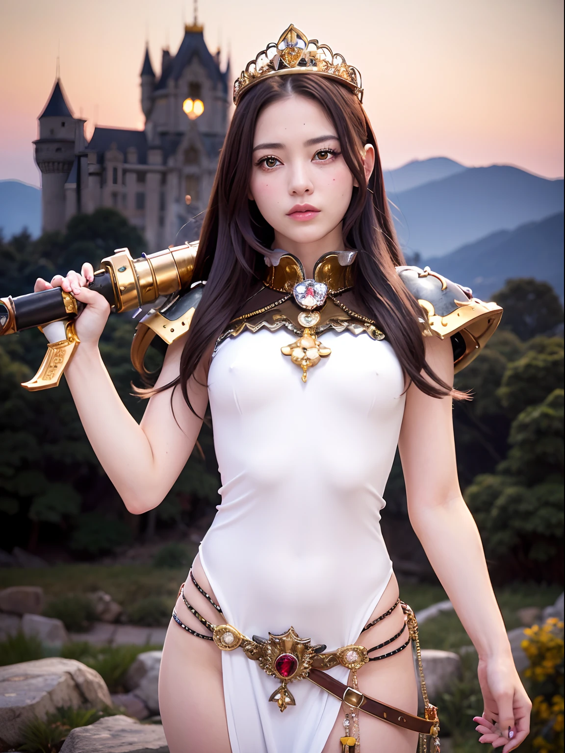 (masutepiece), Professional , masterpiece、top-quality、photos realistic , depth of fields (Gemstone Silver Metal Body:1.9),(Matte White、Jewel Gold Weapon、(Gorgeous castle background)、(ultimate beauty girl)、(Jewel Metal Body:1.4),Gorgeous Jewel Metal Weapons , Detailed Sword of the Brave ,( Tears from the eyes) ,warhammer 40k , adepta sororitas,Detail and ornate jewel crown、独奏、Brown hair、(Gangle's forest background)、Beautiful Caucasian beauty、1a person、dynamic ungle,(((Diamond tiara with detail and luxury)))、a small face、Powerful poses、(Gorgeous castle background)、huge filesize、20 year old beautiful woman、Stand in the center of the screen、Thin female fingers、Straight long hair、Beautiful Caucasian beauty、