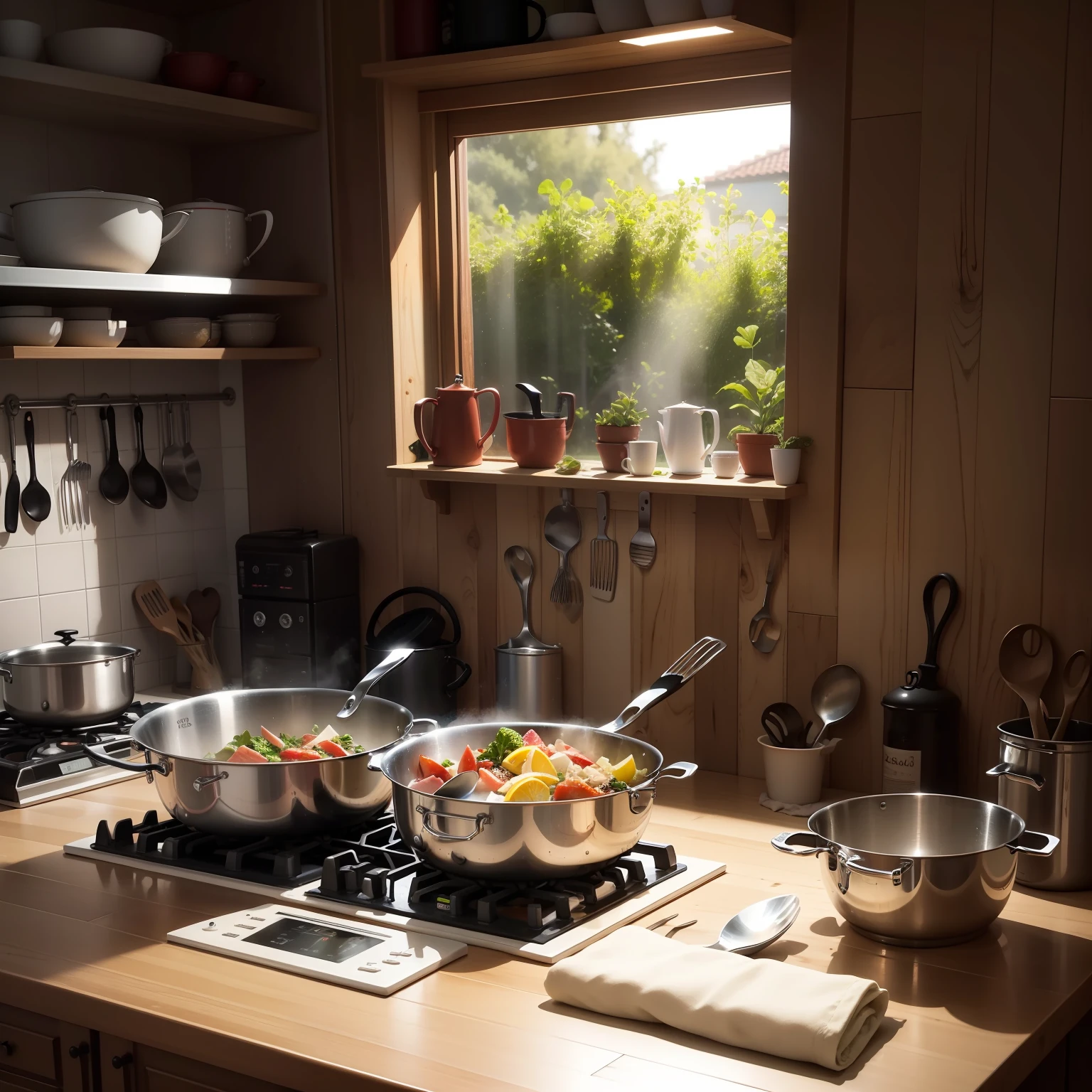 Tema claro e iluminado, Ultra resolution, Hiper realista, HDR, uma cozinha, with in the center a mess with healthy food and cooking utensils.