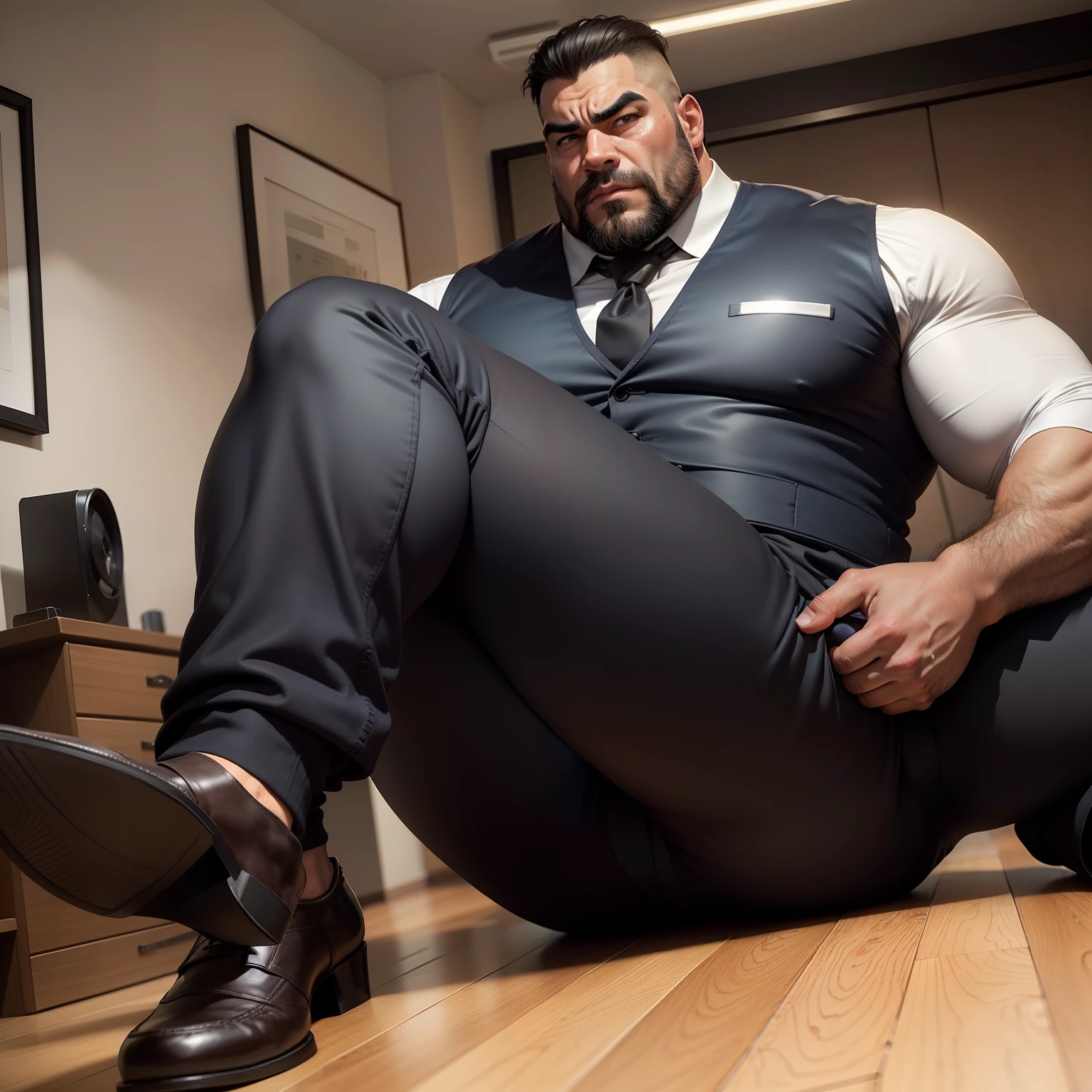 Uncle of a local middle-aged police muscle giant,Male uncle,National character face,Thick eyebrows,Dark yellow skin,Be physically fit,potbelly,Wear yours with a long red tie,The upper body is wearing a white shirt with buttons,Police badge on shirt,Loose clothes,Loose pants,legs are open,Raise your legs,The lower body is wearing black suit pants,Sit on the bed,Lift your thighs,Butt forward,Expose the thick soles of your feet,Sweat on the face,Full Body Sweat,Covered in sweat,The expression is shy,Embarrassed expression