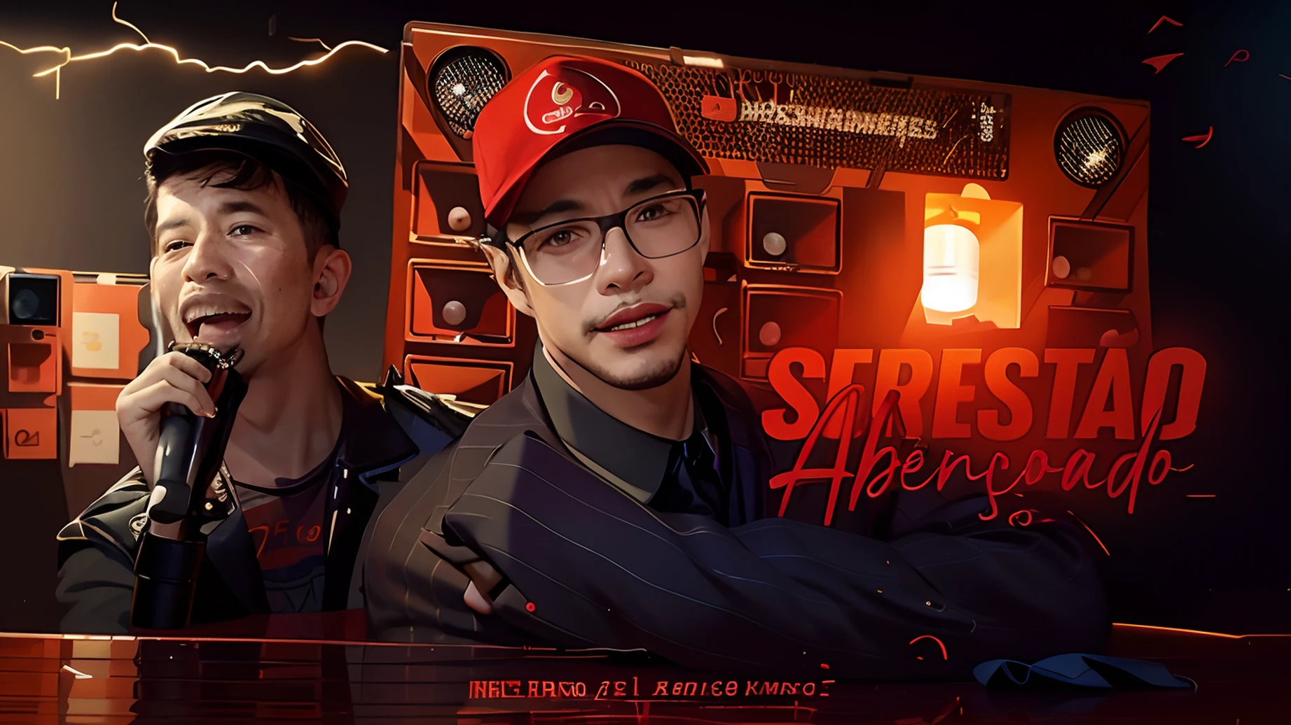 There are two men standing in front of a radio with a red hat on, Agressivo, Sempe, henry ascensio, Album art, stern expression, Asencio, serene expression, music album art, Henry Alvim Correa, album cape, Miniatura do YouTube, foto de perfil 1024px, Alma piedosa, music album cover