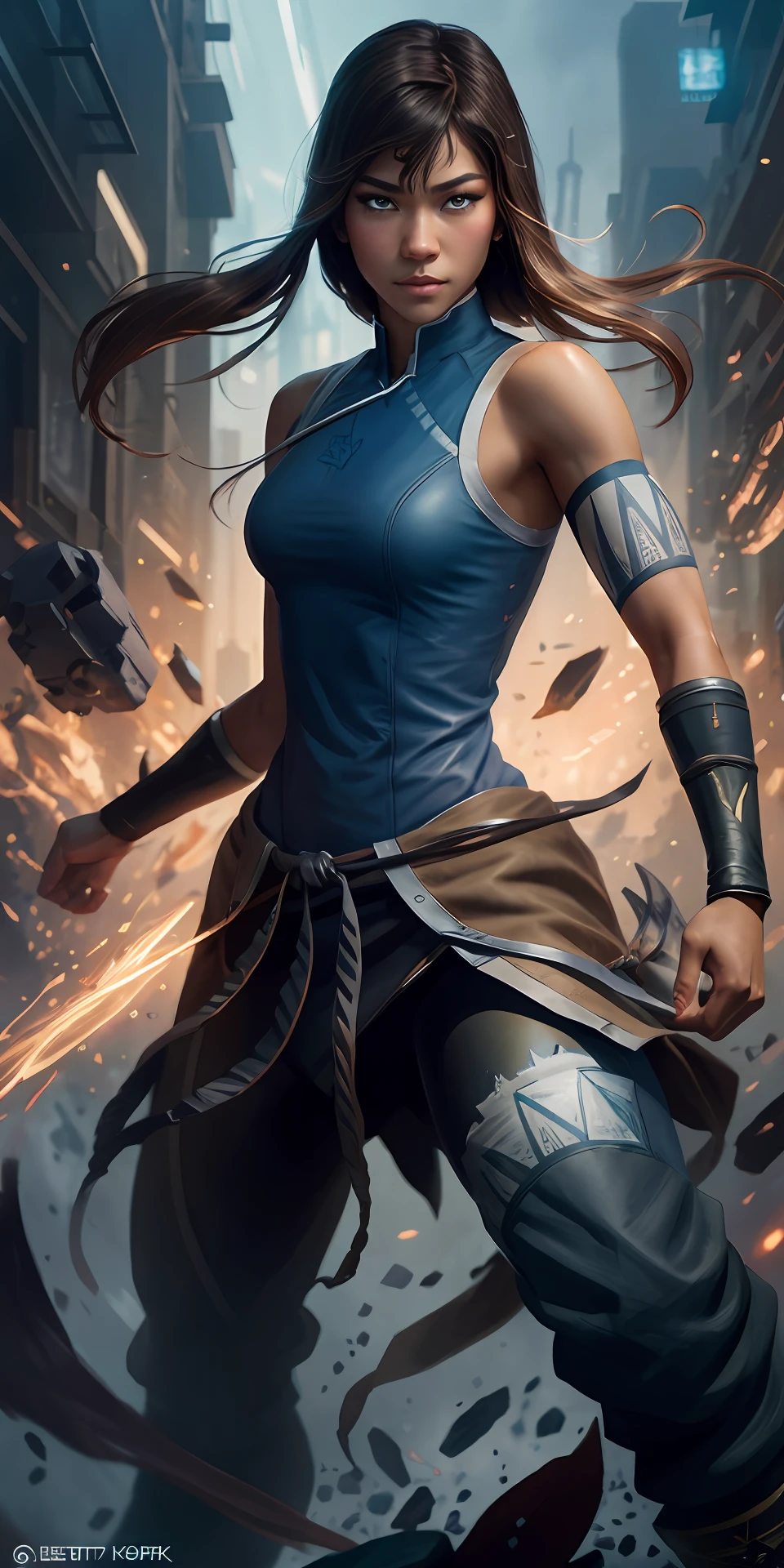 Zendaya like Korra, messy hair, Full body, Beautiful anime waifu style girl,hyperdetailed painting, luminism, art by artgerm, concept art, dark background, abstract beauty, approaching perfection, pure form, golden ratio, minimalistic, dark atmosphere, unfinished, concept art, intricate details, 8k post production, high resolution, hyperdetailed, trending on artstation, sharp focus, studio photo, intricate details, highly detailed,