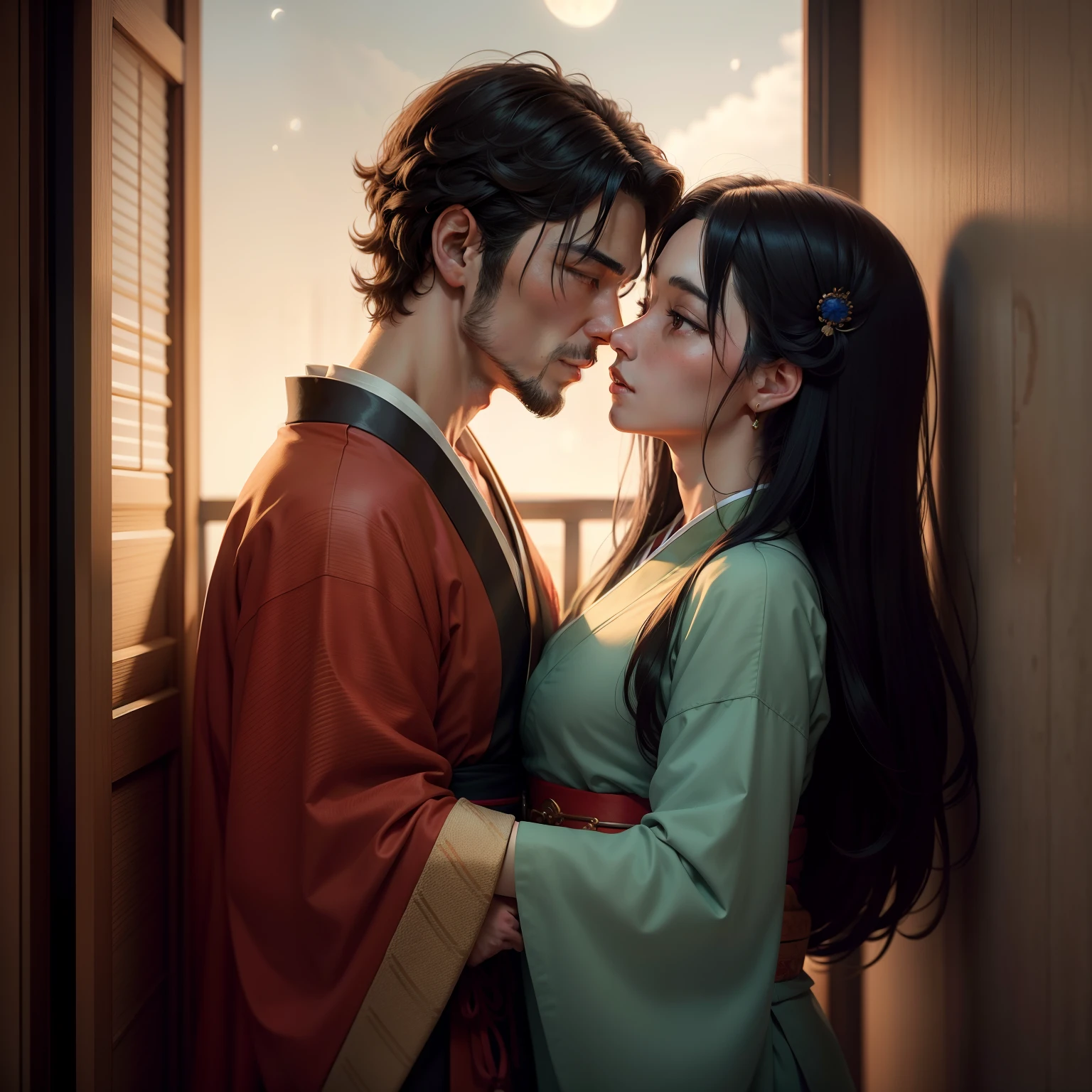 There is a man and a woman, a noble Japanese woman wearing a light green kimono, she has long hair, she has dark hair, the man is a handsome samurai, the man wears red, no armor, the man has short hair, the man has dark hair, the man has a little scruff on his face, they are holding one another close, they are about to kiss, they are in a room with an open door to a balcony, outside it is dark with the moon high in the sky shining down on them