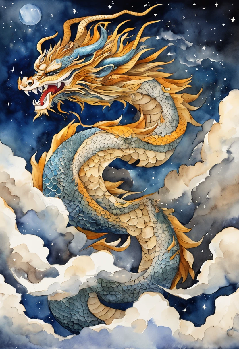 (Ying Dragon God), (Through the Clouds), (Top of the Mountains), (Complex), (Super Detail), (Starry Sky Background), (Stout Limbs), (Moon Night), (Ultra Clear), (Best Quality)