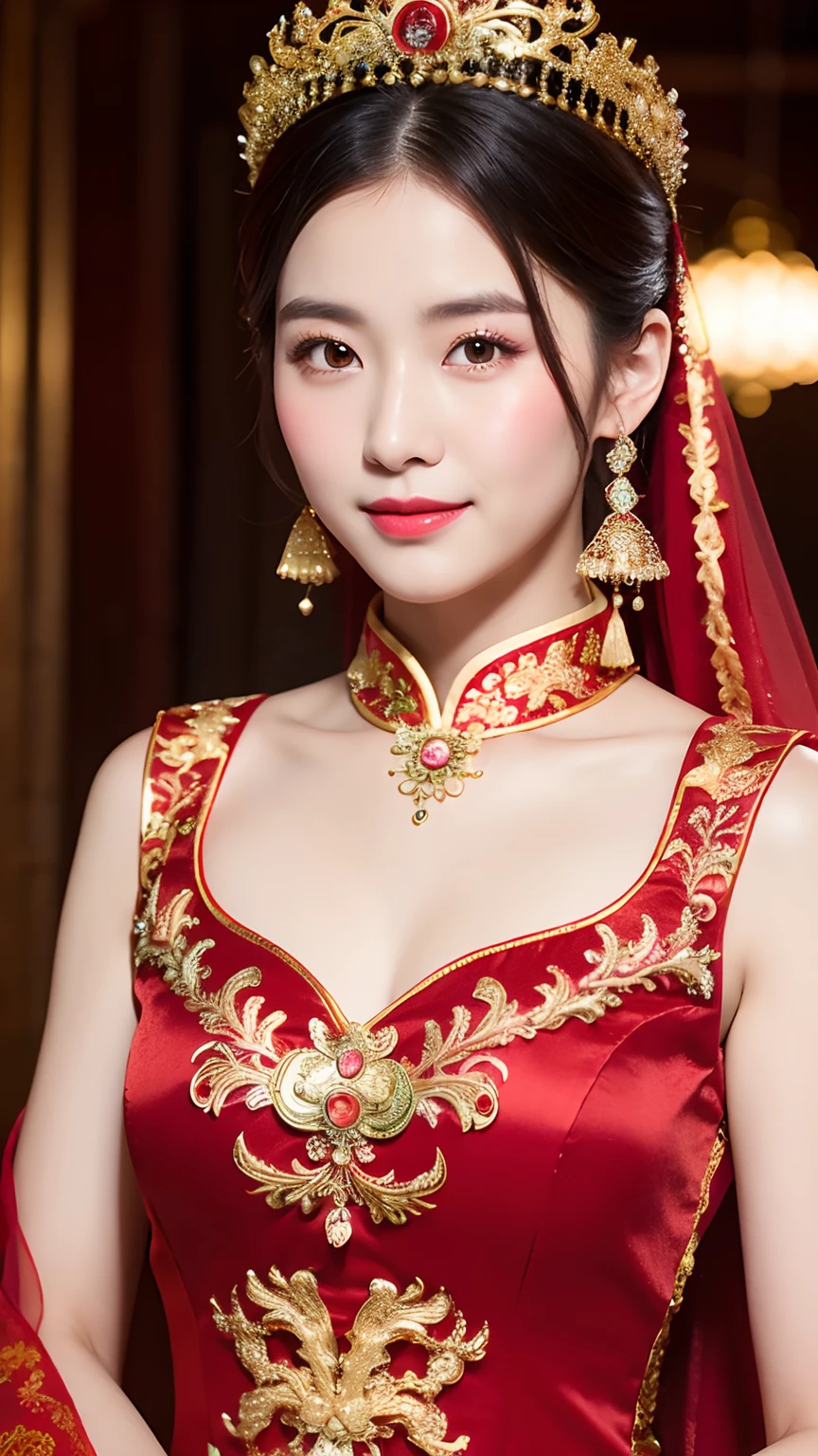(8k, RAW Photo, Best Quality, Masterpiece: 1.2), (Realistic, Realistic: 1.37), 1 Girl, Woman in Red Dress and Headdress Posing for Photo, Gorgeous Role Play, Beautiful Costume, Chinese Dress, Complex Dress, Complex Costume, Traditional Beauty, Gorgeous Chinese Model, Chinese Costume, Wearing Gorgeous Costume, Wearing Elegant Chinese Xiuhe Dress, Chinese Wedding Dress, Phoenix Crown Xia Hanging, Antique Bride, Xiuhe Costume, Close Up, Wearing Phoenix Crown, Smile, No Watermark, Dragon and phoenix embroidered dress