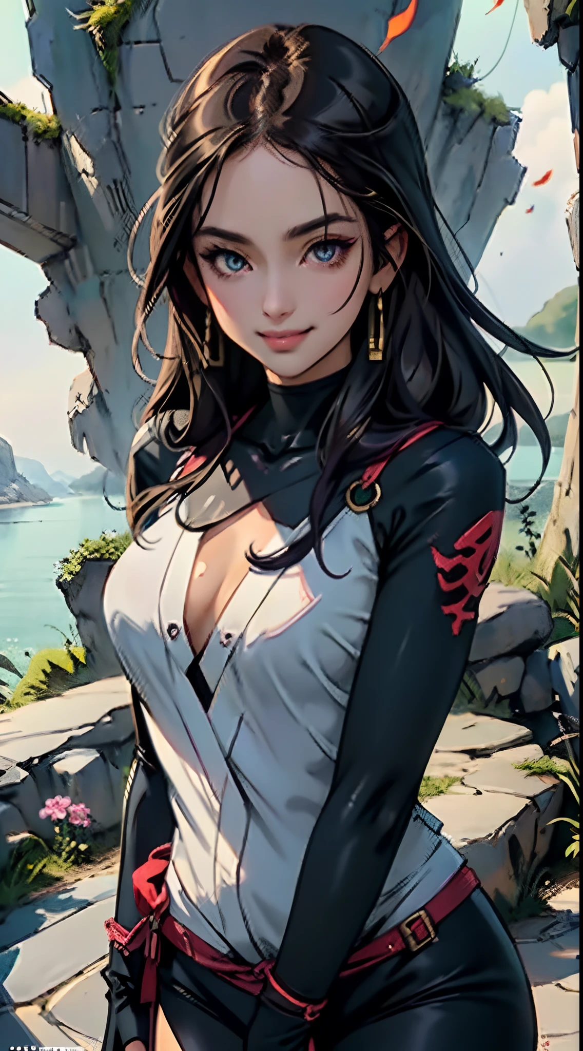 a beautiful woman with sleek dark purple long hair, a delicate and enchanting face, her eyes are sharp and piercing, a cunning smile, she has a slender figure, a fantasy-style form-fitting ninja outfit, the character design reflects a fantasy-style ninja by Japanese anime design, the artwork features finely detailed character design, showcasing a mature Japanese manga artistic style, ((character concept art)), full body character drawing, high definition, best quality, ultra-detailed, extremely delicate, anatomically correct, symmetrical face, extremely detailed eyes and face, high quality eyes, creativity, RAW photo, UHD, 8k, (Natural light, professional lighting:1.2, cinematic lighting:1.5, best shadow), (masterpiece:1.5)