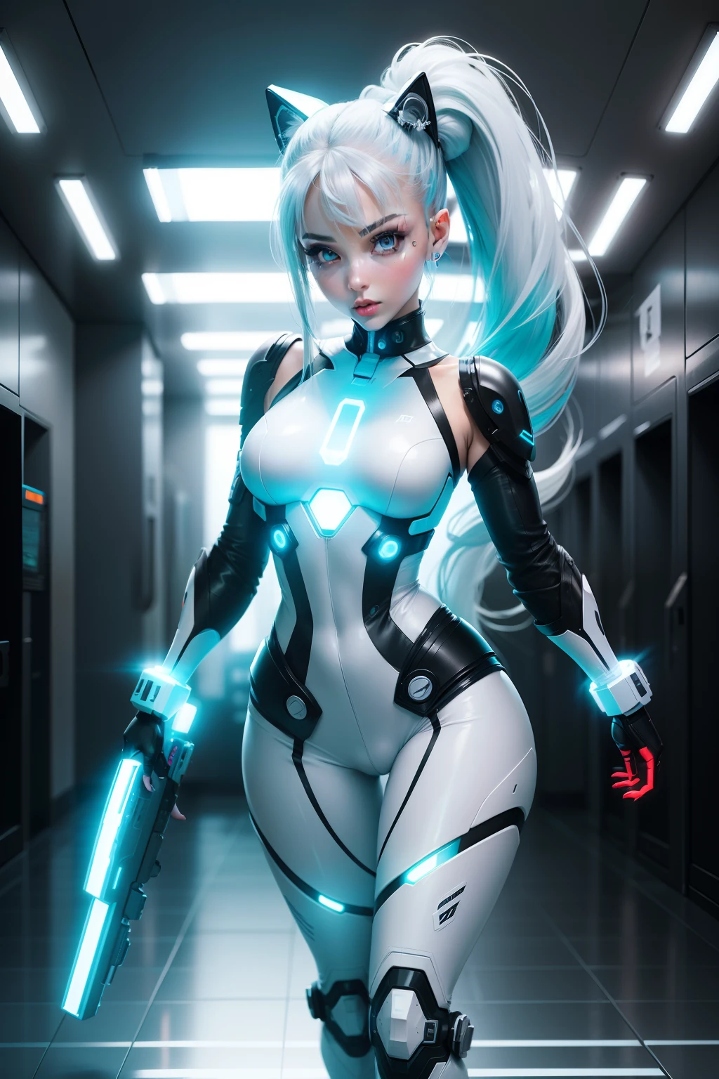 Full body cyber girl with a ponytail. Ariana Grande's face. Bright white color to show she's a cyber girl whit laser rifle. white eyebrows. clothing like catsuit. She also has bright blue eyes. The environment is terminator like. Hair is platina. She is lit with the bright blue color on one side of her face. Led like.  And both hands have the led light too.