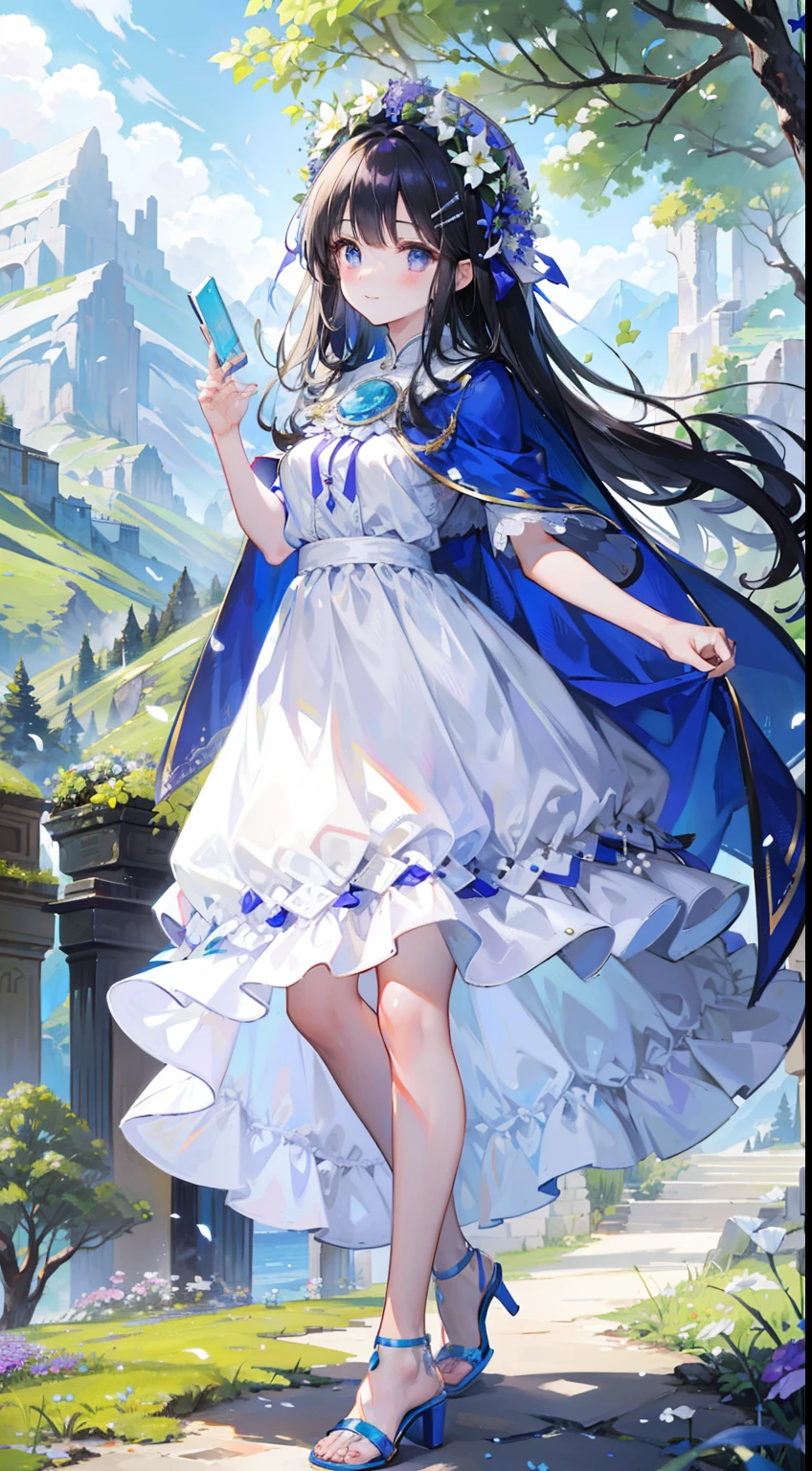 Brunette beauty,Wear colorful shirts,Silver and white long dress,Blue cape,Bare legged,Wear a circle of flowers and plants on your head,longblackhair,Wear white hairpins,Standing among the sunny mountains and forests,With a bright and healing smile,Reach for the camera,Blue-purple high heels,Ruddy complexion,one eye wink,Wear a large bow on your head,Best quality at best,tmasterpiece