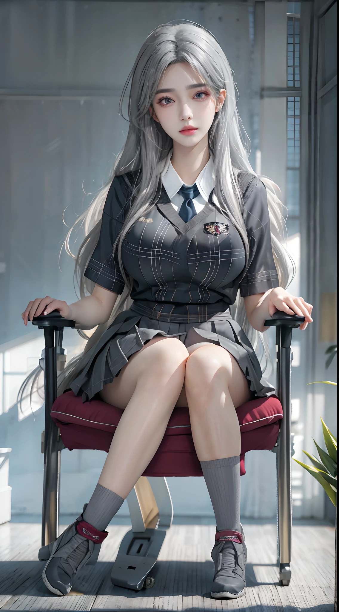 masterpiece, best quality, high quality, High definition, High quality texture, High quality shadow, high detail, realistic, Cinematic Light, side lighting, Lens Flare, Ray tracing, sharp focus, (1girl, low-shot , sitting on a chair, none expression, holding a clan , huge breasts , thick thighs , student uniform , grey hair , breasts squeeze :1.3), (intricate details, makeup, PureErosFace_V1:1.0 ),