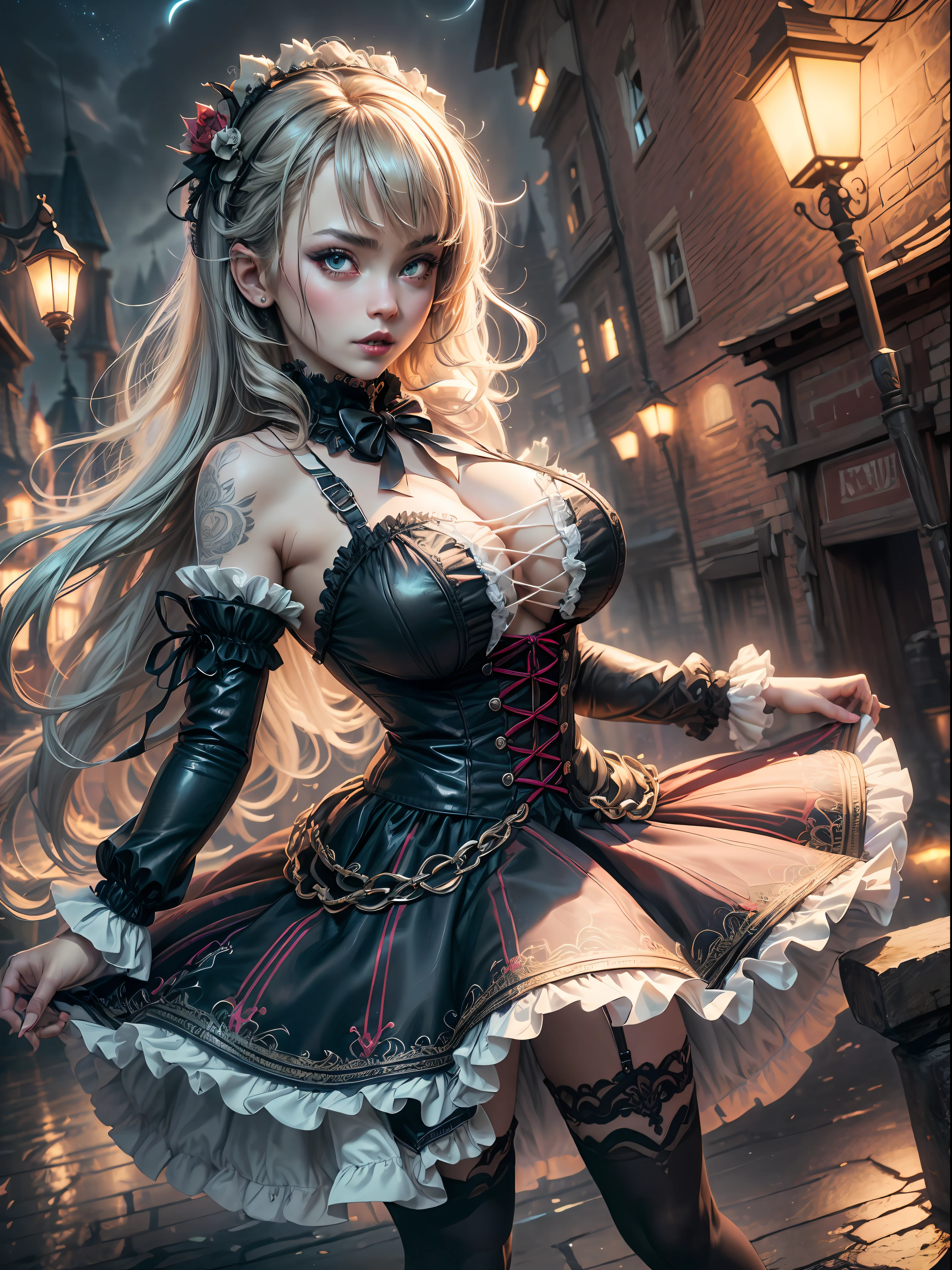 27 year old gothic Lolita dress Girl, showing her large breasted sudectress posing. Intricate Tattoos (top-quality、8K、UHD, wlop、masterpiece、nffsw:1.3)、(The ultra -The high-definition)、(Photorealsitic:1.4)、Raw photography、The upper part of the body,Charming perfect figure,actionpose:1.2,Detailed Transylvania background at night .depth of fields,high definition backround,、intricate details. Elaborate dynamic background.