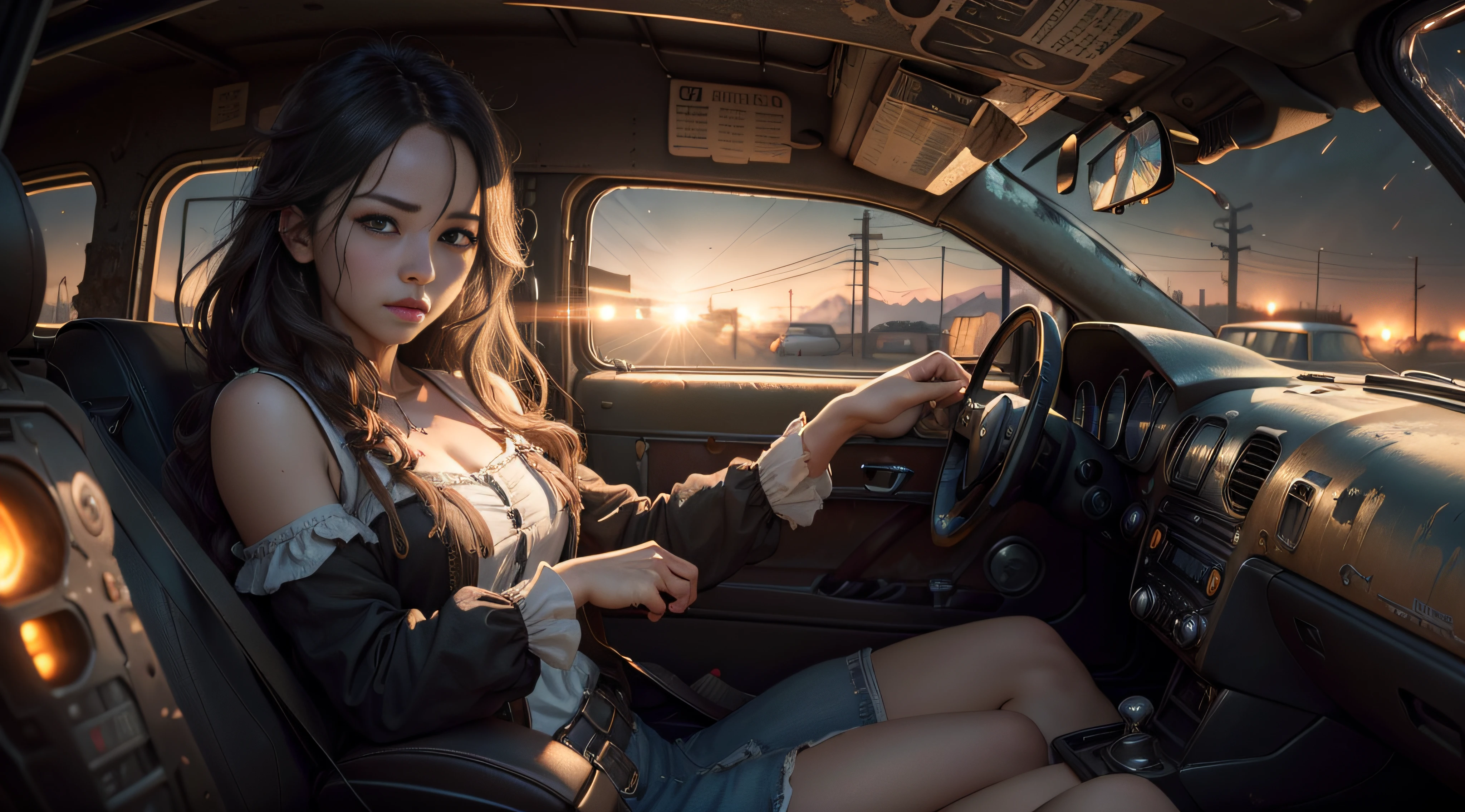 An enchanting summer night in a city where only half-naked women live and luminous streetcars glide along the rails. Portrait of a nude long-haired beautiful girl driving a streetcar, sitting in the driver's cabin, behind the dashboard. The girl has a thin waist and lush breasts. On the girl's head is a uniform cap of the driver, the girl seductively looks at us, in the windows of the cabin night streets.