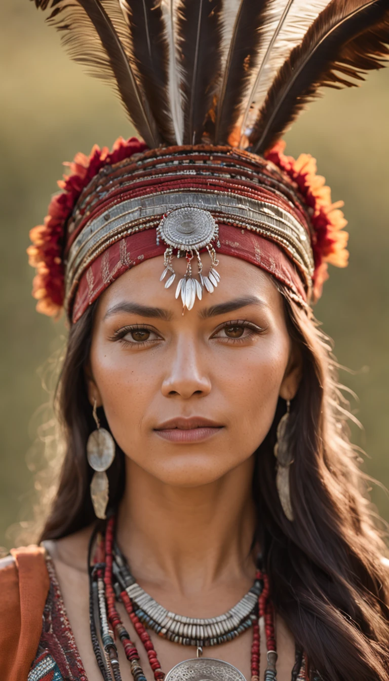 (masterpiece, portrait:1.2), (captivating photograph capturing the face of a Native American woman:1.2), (her dark hair cascading like midnight, framing her features:1.1), (her eyes a striking shade of green, reflecting a deep connection to the land:1.2), (adorned with a meticulously detailed Cherokee headdress on her head:1.3), (dressed in traditional and intricate indigenous attire that speaks of heritage:1.2), (her slender form radiating both strength and grace:1.1), (positioned in a vast prairie adorned with grass and wildflowers:1.1), (Nikon D850 camera, renowned for capturing vibrant landscapes:1.2), (paired with a Nikon AF-S NIKKOR 85mm f/1.8G lens for capturing nuanced expressions:1.2), (the sunlight casting a warm glow on her features and the landscape:1.1), (her gentle smile conveying a sense of connection and joy:1.1), (the elaborate details of her headdress symbolizing her cultural heritage:1.1), (the traditional attire adding depth and authenticity to the photograph:1.1), (the camera lens capturing the intricate texture of her attire and the rich colors of the landscape:1.1), (her presence evoking a sense of reverence and dignity:1.1), (the prairie setting harmonizing with her indigenous roots and cultural significance:1.1), (a moment that captures the proud spirit of a Native American woman in her ancestral lands:1.1), (an image that resonates with heritage, identity, and the beauty of nature:1.1)), Cinematic, Hyper-detailed, insane details, Beautifully color graded, Unreal Engine, DOF, Super-Resolution, Megapixel, Cinematic Lightning, Anti-Aliasing, FKAA, TXAA, RTX, SSAO, Post Processing, Post Production, Tone Mapping, CGI, VFX, SFX, Insanely detailed and intricate, Hyper maximalist, Hyper realistic, Volumetric, Photorealistic, ultra photoreal, ultra-detailed, intricate details, Super detailed, Full color, Volumetric lightning, HDR, Realistic, Unreal Engine, 16K, Sharp focus, Octane render