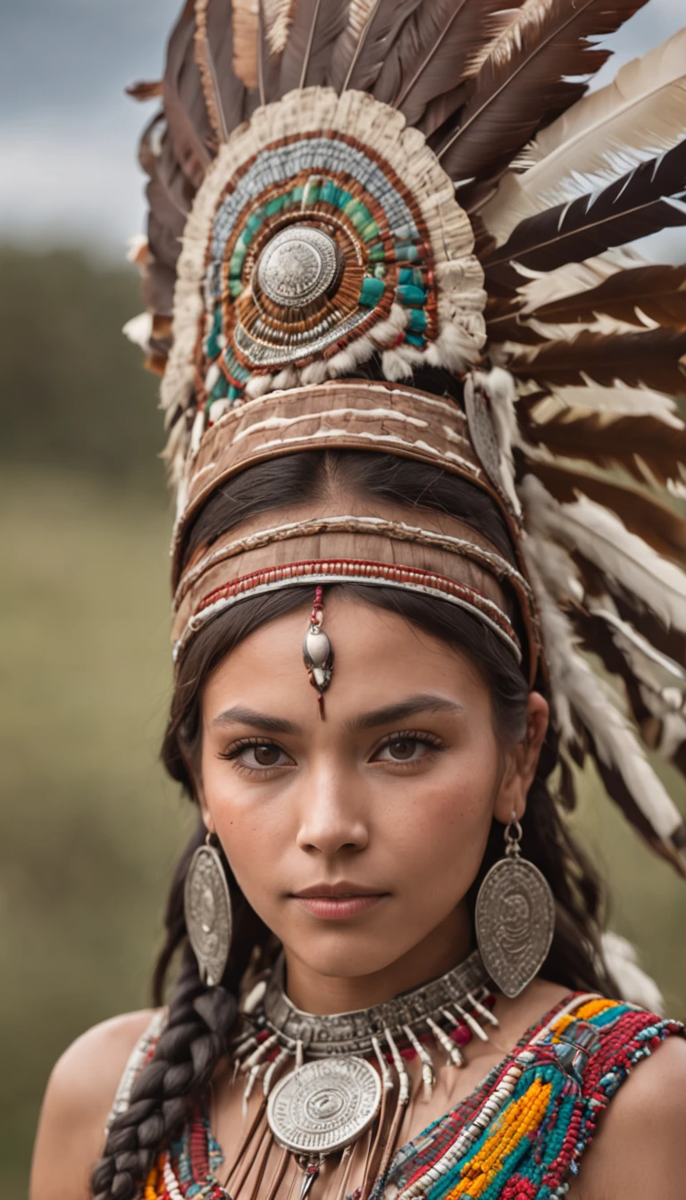 (masterpiece, portrait:1.2), (captivating photograph capturing the face of a Native American woman:1.2), (her dark hair cascading like midnight, framing her features:1.1), (her eyes a striking shade of green, reflecting a deep connection to the land:1.2), (adorned with a meticulously detailed Cherokee headdress on her head:1.3), (dressed in traditional and intricate indigenous attire that speaks of heritage:1.2), (her slender form radiating both strength and grace:1.1), (positioned in a vast prairie adorned with grass and wildflowers:1.1), (Nikon D850 camera, renowned for capturing vibrant landscapes:1.2), (paired with a Nikon AF-S NIKKOR 85mm f/1.8G lens for capturing nuanced expressions:1.2), (the sunlight casting a warm glow on her features and the landscape:1.1), (her gentle smile conveying a sense of connection and joy:1.1), (the elaborate details of her headdress symbolizing her cultural heritage:1.1), (the traditional attire adding depth and authenticity to the photograph:1.1), (the camera lens capturing the intricate texture of her attire and the rich colors of the landscape:1.1), (her presence evoking a sense of reverence and dignity:1.1), (the prairie setting harmonizing with her indigenous roots and cultural significance:1.1), (a moment that captures the proud spirit of a Native American woman in her ancestral lands:1.1), (an image that resonates with heritage, identity, and the beauty of nature:1.1)), Cinematic, Hyper-detailed, insane details, Beautifully color graded, Unreal Engine, DOF, Super-Resolution, Megapixel, Cinematic Lightning, Anti-Aliasing, FKAA, TXAA, RTX, SSAO, Post Processing, Post Production, Tone Mapping, CGI, VFX, SFX, Insanely detailed and intricate, Hyper maximalist, Hyper realistic, Volumetric, Photorealistic, ultra photoreal, ultra-detailed, intricate details, Super detailed, Full color, Volumetric lightning, HDR, Realistic, Unreal Engine, 16K, Sharp focus, Octane render