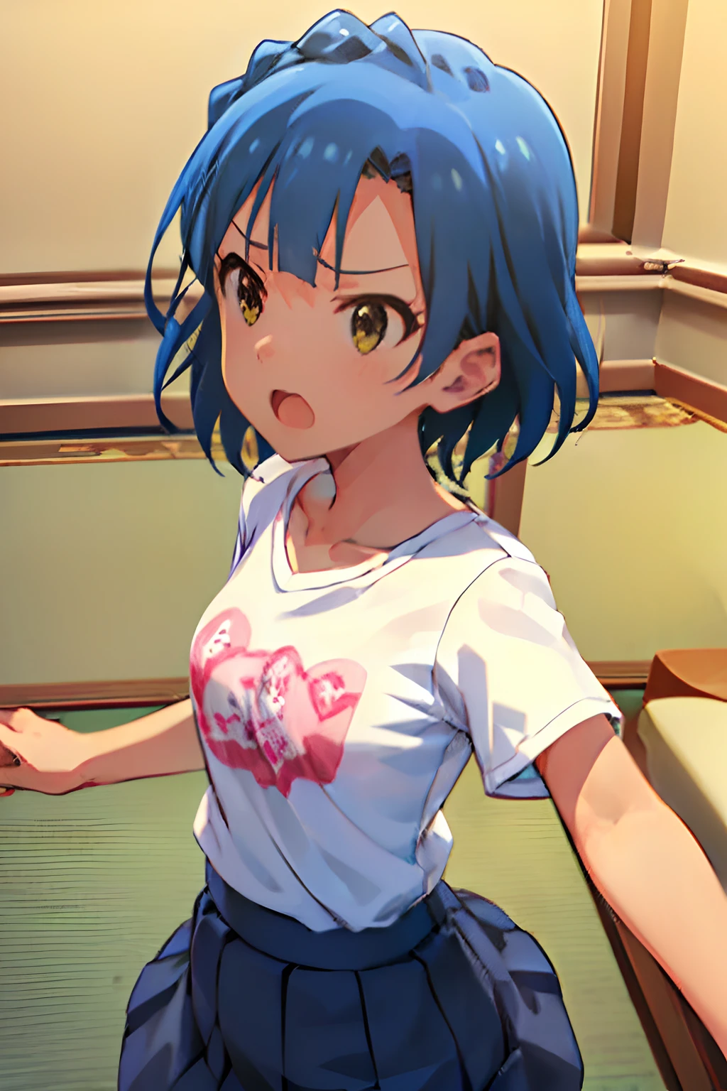 yuriko nanao (million live). Short stature. (((white t-shirts))).(((Skirt))).(((masterpiece))).(((best quality))).((Ultra-detailed))).(((illustratio))). (((fighting stance))).(((a room))).(((make a fist))).(((up chest))).Despair face.(((short-hair))).((big breasts)).((Opening Mouth)).