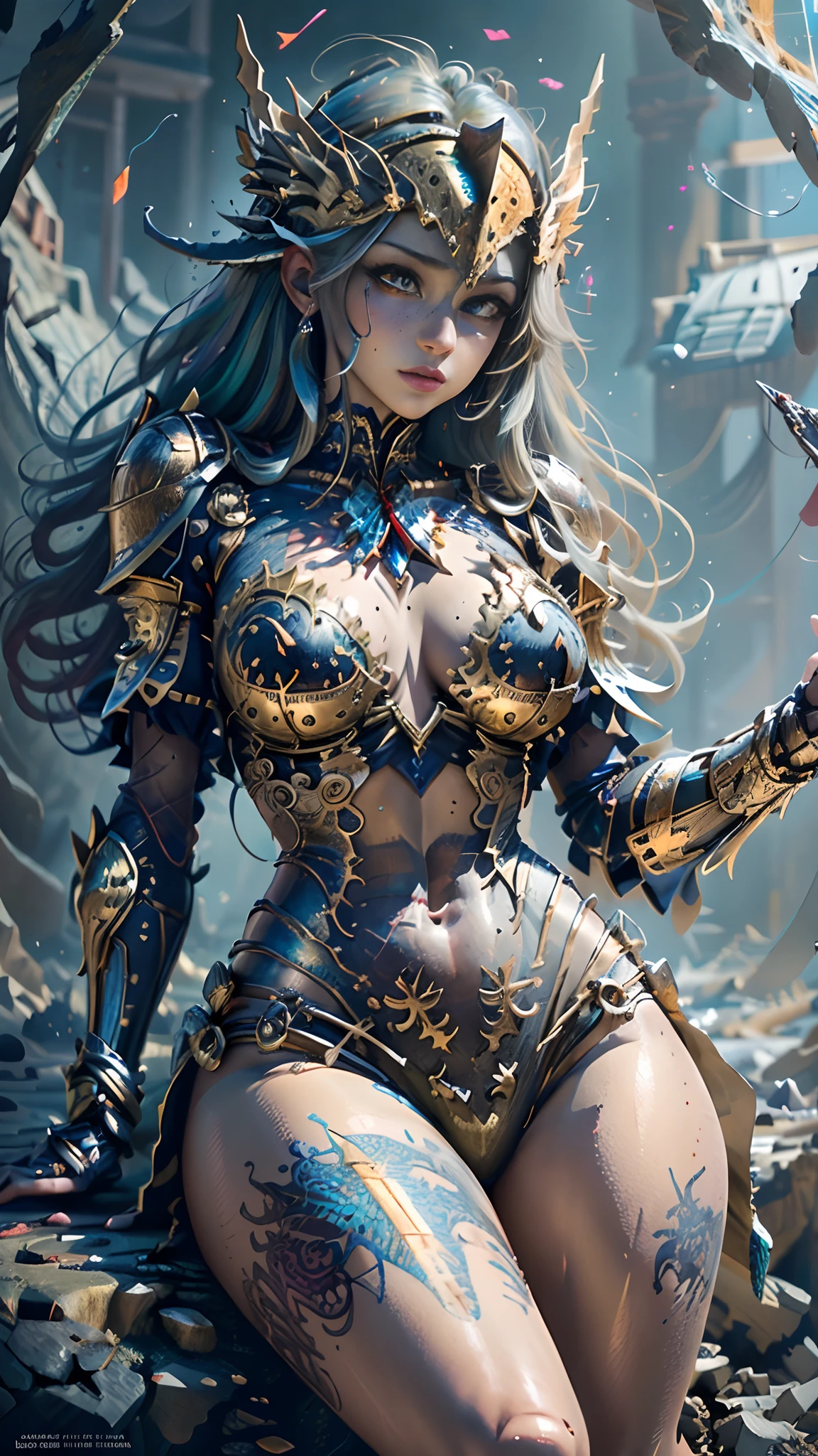 Tips: (Masterpiece), in full gold Knight armor, Top Quality, Expressive Eyes, Perfect Face, Blue Skin, Scales on Legs and Arms, Dragon Lady, water magic, Palm cast spell, 8k_wallpaper, highly detailed eyes, highly detailed body, highly detailed fingers, (huge masterpiece digital art), (detailed manga illustration), (detailed line art), (perfect)) anatomy, best hands)), (intricate detail: 1.3), (highly detailed: 1.3 ), (illustration:1.3), (sharp focus:1.3), (natural light:1.05), (vibrant color:1.3),