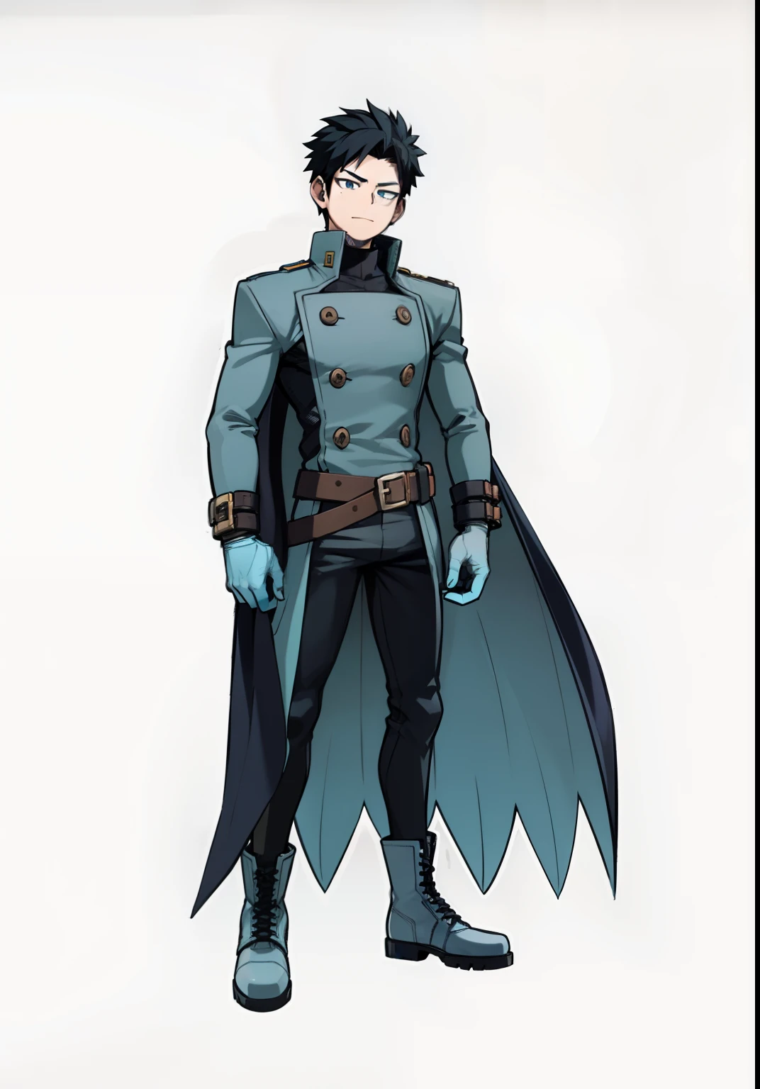 My Hero Academia style, anime boy, male, young male, trending on artstation pixiv, (full body shot:0.5), Masterpiece, Perfect Anatomy, Super Detailed, Black hair, short hair, blue eyes, Blue closed double-breasted trench coat, blue closed double-breasted trench coat, blue closed trench coat, double-breasted closed trench coat, blue trench coat, double-breasted trench coat, closed trench coat, trench coat, black pants, baggy pants, blue calf boots, blue boots, calf boots, blue gloves, joyful gaze, smug, Looking at viewer,