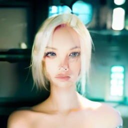 "1girl, chilly atmosphere, photorealistic, short yellow hair, piercing blue eyes,"