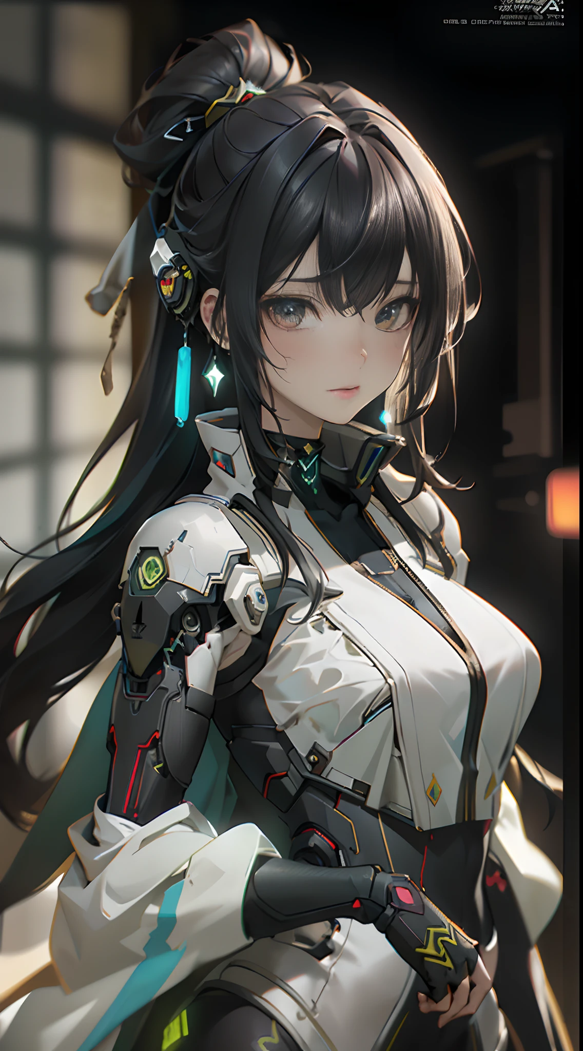 woman, cyborg, high ponytail, eletronics implants, perfect body, black hair, heroic