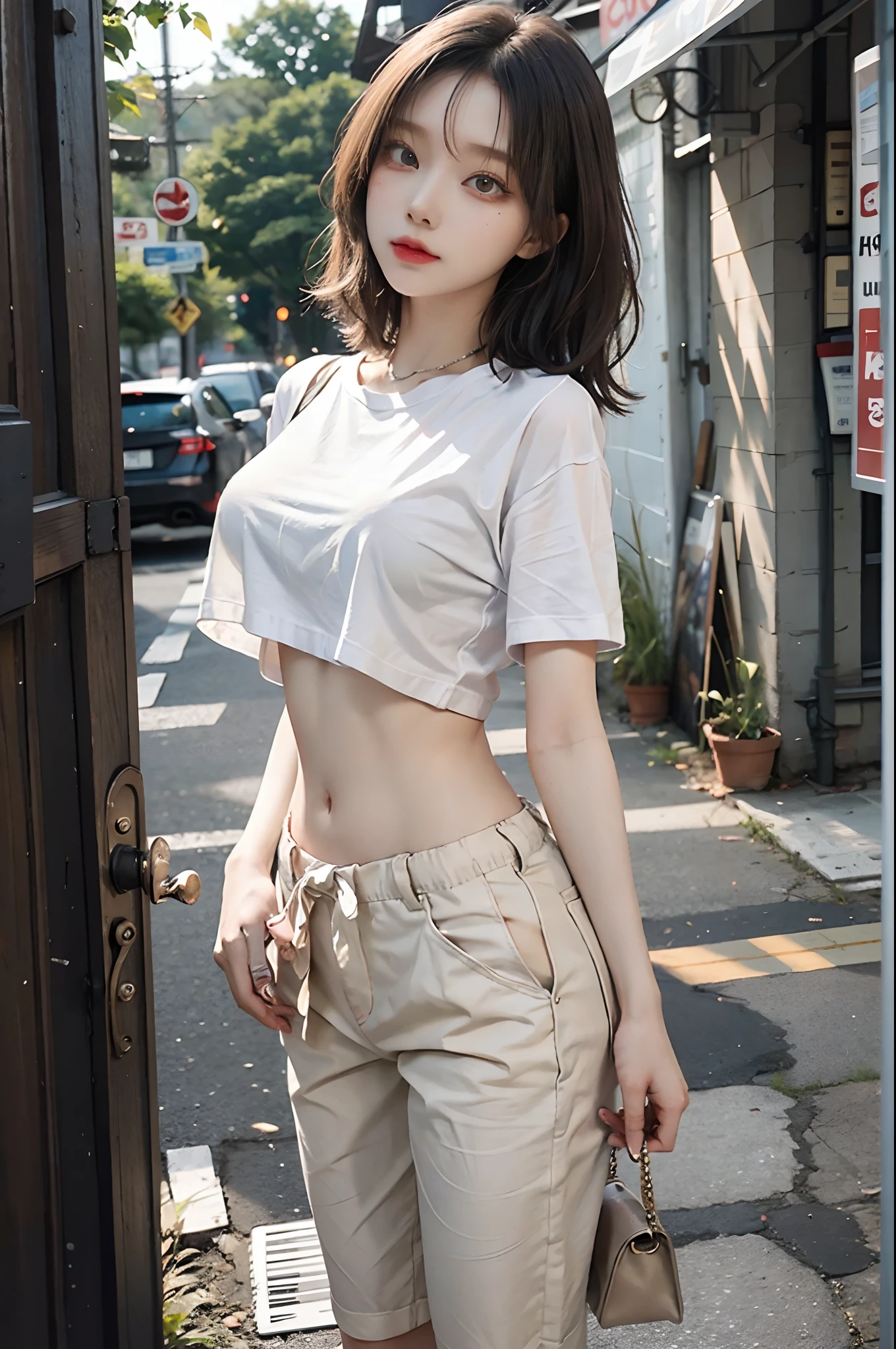 A woman in a quiet street in a resort town, with extremely detailed eyes, beautiful lips, long eyelashes, and perfect anatomy. Her delicate body and hands are finely detailed, with realistic, photorealistic, and best quality rendering. The lighting is Rembrandt-style, creating a dramatic, masterpiece-like scene. She has a European appearance, with a cute oval face, short red hair, and huge breasts. The woman is posing, with a retro style, appearing as a high-quality photo art piece by David Dubnitsky. Her pale skin shows pores and moles, and she is wearing a tight T-shirt, taking off short shorts and exposing her naked pussy, set in an 8K UHD, DSLR-captured scene with soft lighting and film grains.