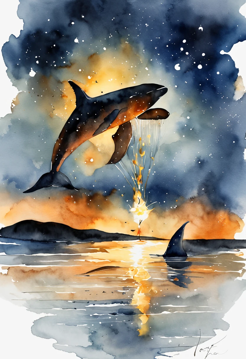 ((The fire light forms the silhouette of the whale)),((Transparent whale with firefly effect)),(Shining with golden light),Floating on the surface of the sea,siluette,cleanness,nigth,People who want to raise their heads,Wide-angle image,,super detailing,best qualtiy,tmasterpiece,(8K),Extremely detailed,Epic artwork