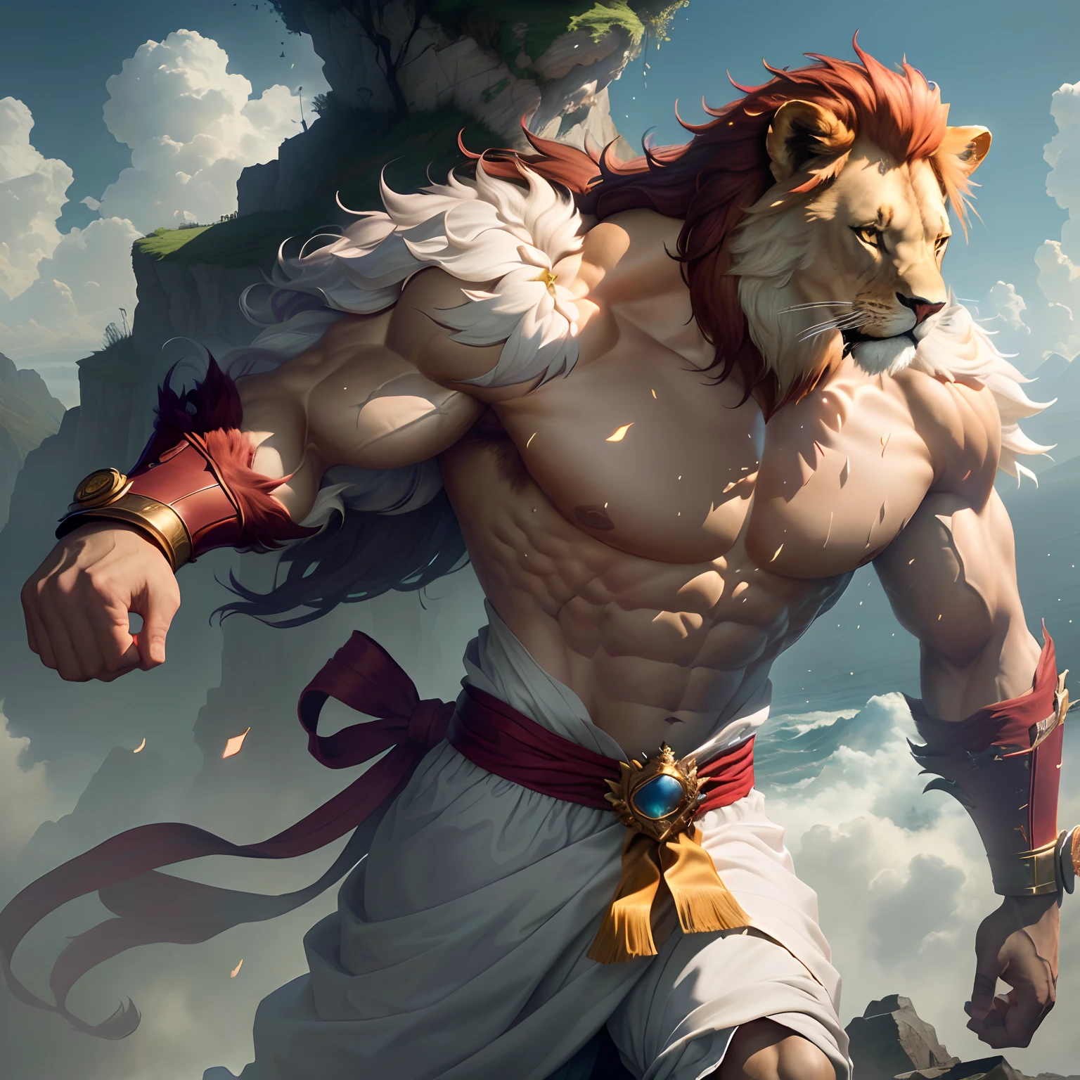 muscular, male, (tiger head: 1.0), furry, kemono, dressed as a prince, with wings behind him, dark clouds in the sky, photo, realism, cgi, (fighting pose: 1.2), iron fist, glowing eyes, wide waist, Yellow hair, (baki:1.2), purple eyes, teeth, (steam:1.0), high detail, forest, rainforest, masterpiece, (HDR) (wallpaper) (movie lighting) (sharp focus), masterpiece, best quality, (very detailed CG unity 8k wallpaper), (best quality)
