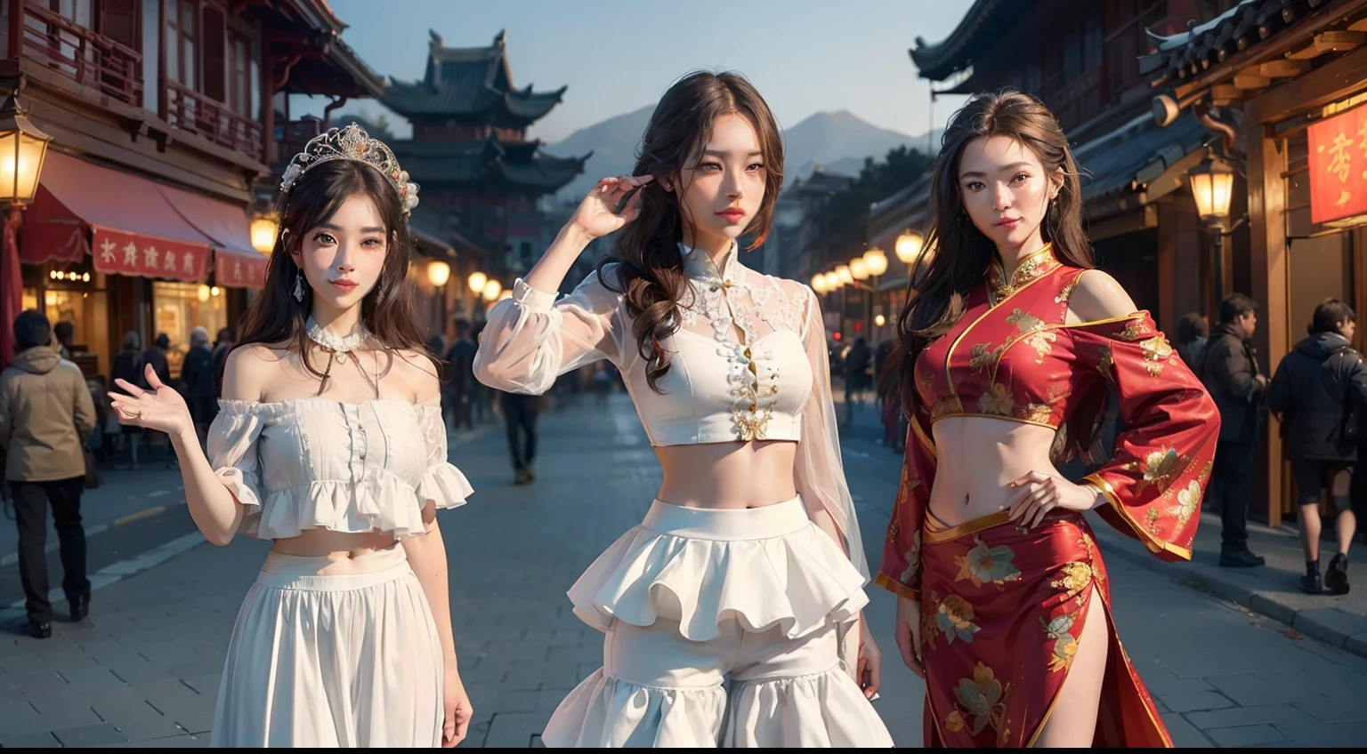 (realisitic,Photorealsitic:1.4),(1 beauty:1.3),(beautiful countenance:1.5),Detailed shiny skin,A detailed eye,Precise hands and fingers,8K HDR, , masterpiece, (Dynamic Angle Video),电影灯光, Finely drawn backgrounds,(The dim,dramatic lighting,No sunlight)Beautiful American,Traditional costumes,ligh brown hair,Ruffled hair,beijing,tourist destination,Thinking,attractive navel,skinny,A smile