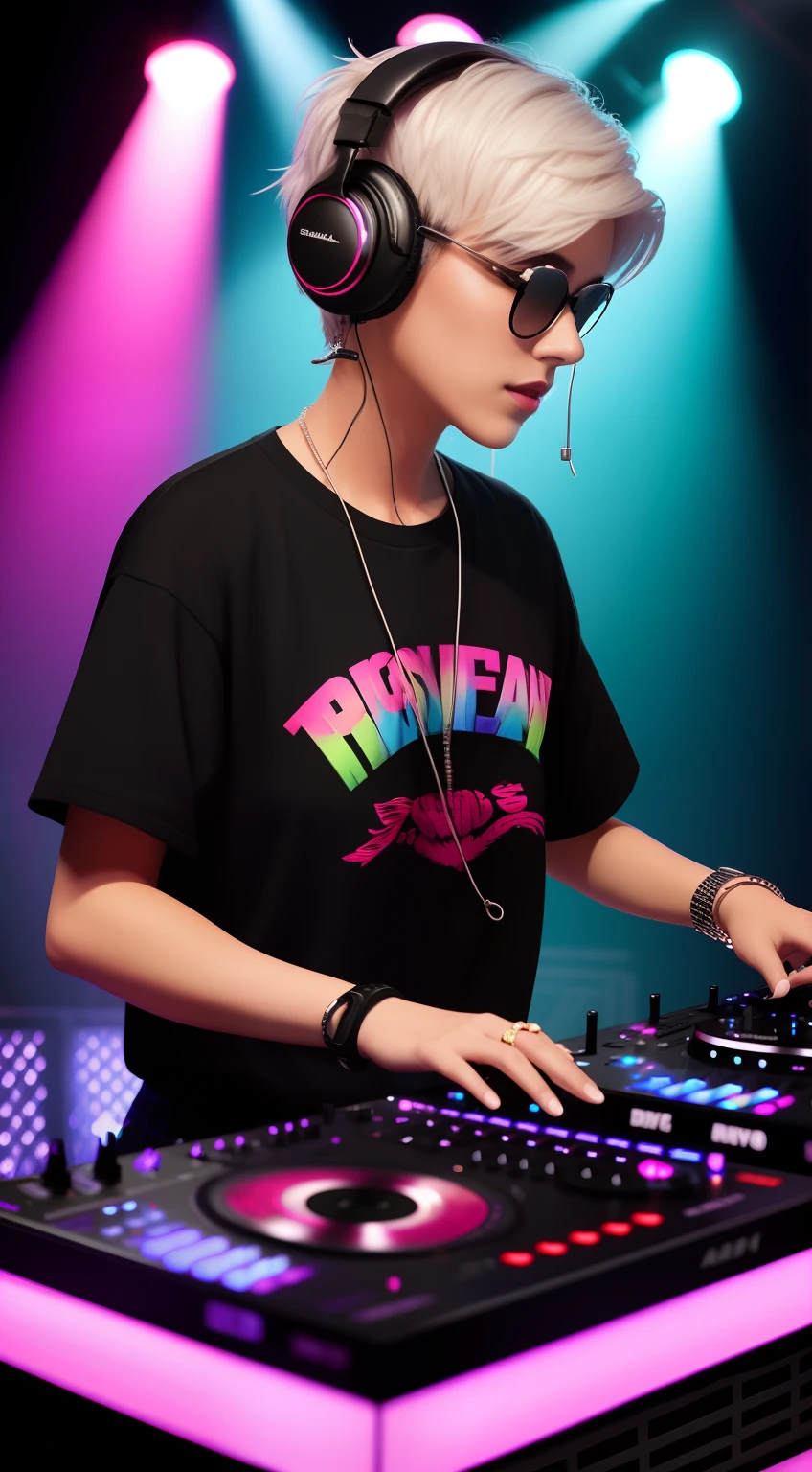There is a woman playing DJ on stage, DJ, Handsome，with short white hair，,Praise Artstyle, Bust，Hip-hop costumes，The expression is vivid and intoxicating，looking at viewert，Earphone，hand sign，Bracelet，Wrist watch，gyuru，Sequin stud earrings，Clear 4K，Fine picture，The lights are hazy，Spotlights，The background is blurred out，DJing