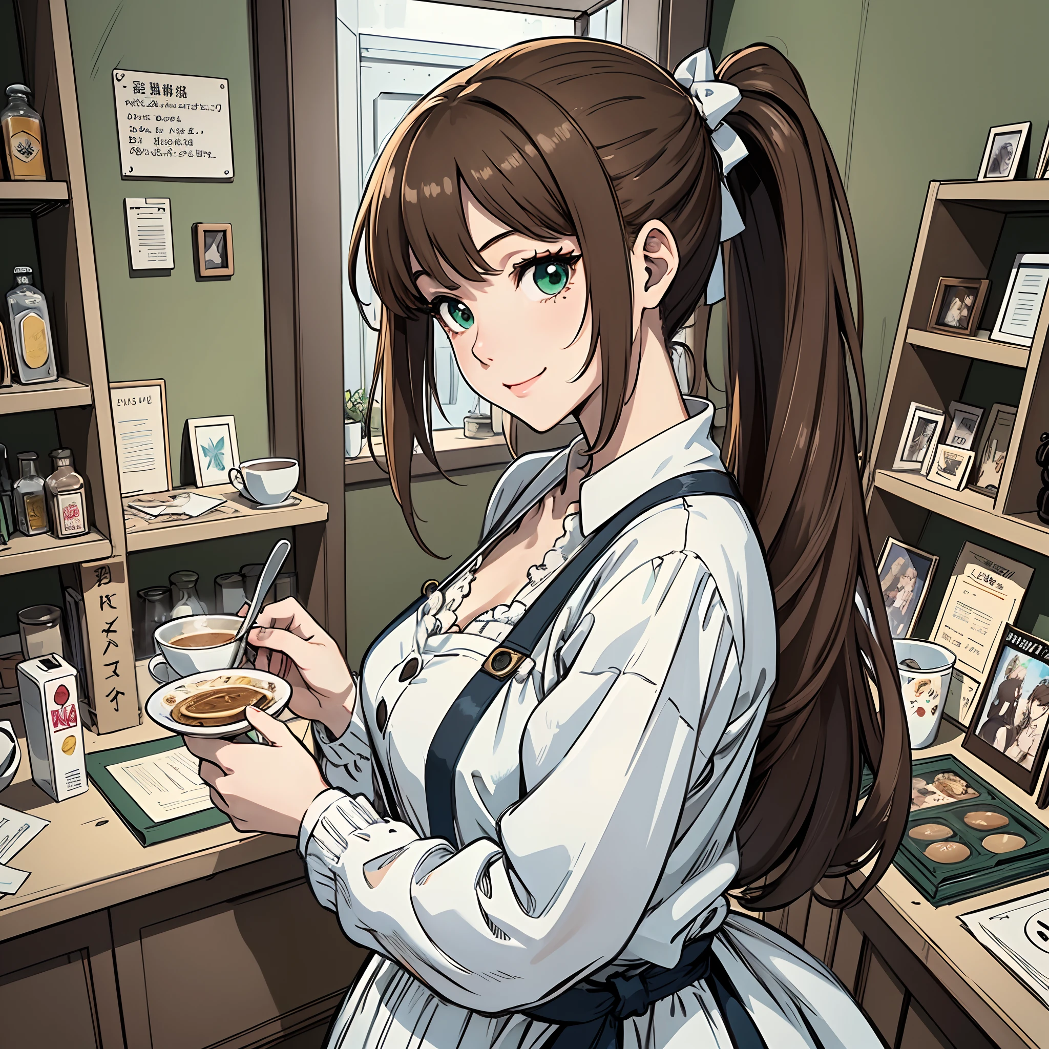 1girl, solo, nakano miku, brown long hair, hair between eyes, headphones, (naked:1.3), (white apron), large breasts, cleavage, thighs, cafe background, (blushing:1.2)