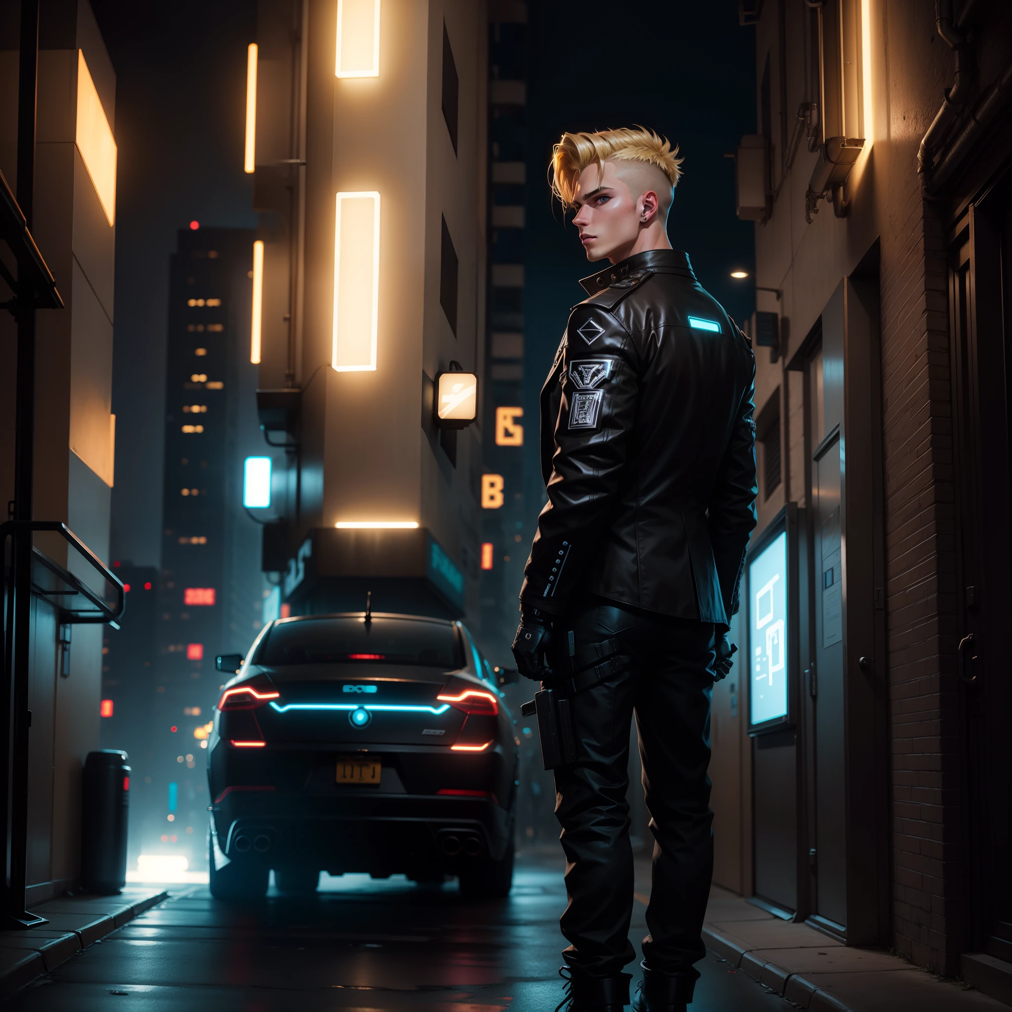 cyber punk style，Handsome blonde young man，Rear body，Illuminated night neighborhood