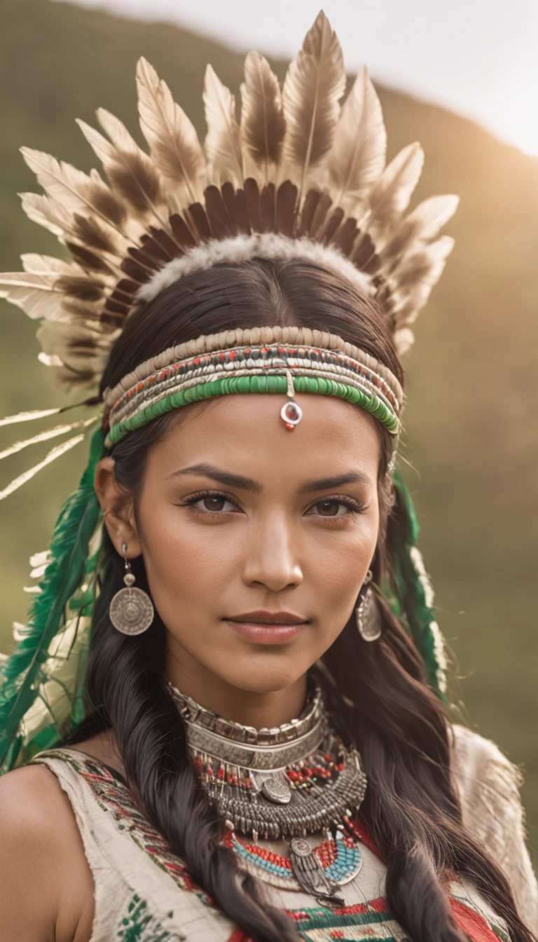 A photo of the face of a Native American woman, with green eyes, black hair, and a highly detailed Cherokee headdress adorning her head. She smiles towards the camera. She wears traditional and abbreviated indigenous clothing, showcasing her slender body. She is walking through a grassy plain with flowers.
The photo captures the natural beauty and cultural richness of the Native American woman. The cinematic lighting highlights the intricate details of her headdress and brings out the depth of her green eyes, creating a captivating effect. The Unreal Engine ensures a photorealistic quality, making the image feel like a moment frozen in time.
Her black hair contrasts beautifully with the vibrant colors of the headdress, adding to her striking appearance. Her traditional clothing reflects her cultural heritage and complements the natural setting of the grassy plain.
The woman's smile exudes warmth and positivity, creating a connection with the viewer. Her slender body and traditional attire showcase her cultural identity and resilience.
The natural setting of the grassy plain with flowers provides a picturesque backdrop, adding to the authenticity of the scene. The camera chosen for this photo captures the intricate details of her expression and attire.
The result is a visually engaging image that celebrates the woman's heritage and individuality, capturing her captivating appearance and cultural significance in a single frame. The combination of her unique features, traditional attire, and the natural surroundings make the photo exude a sense of cultural pride and harmony with nature