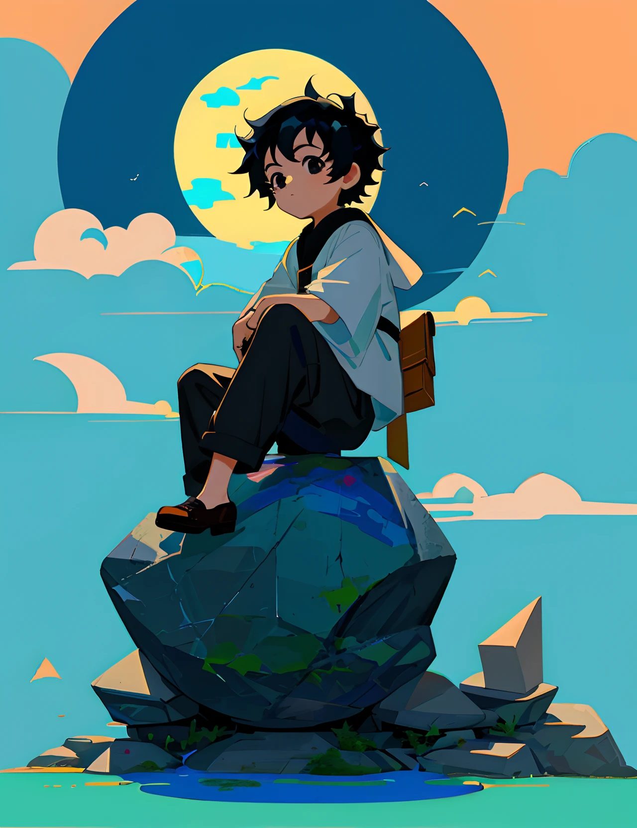 Cute boy with black hair and black eyes,Sit on a stone and look up at the moon,OilPaintStyle。
