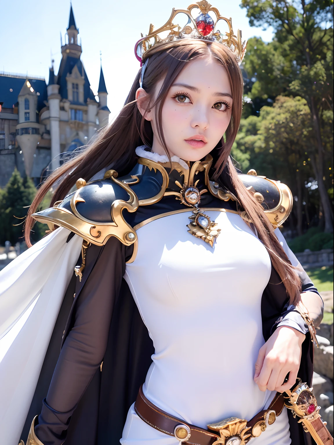 (masutepiece), Professional , ​masterpiece、top-quality、photos realistic , depth of fields （Gemstone Silver Metal Body:1.９),(Matte White、Jewel Gold Weapon、（Gorgeous castle background）、（ultimate beauty girl）、（Jewel Metal Body:1.４),Gorgeous Jewel Metal Weapons , Detailed Sword of the Brave ,（ Tears from the eyes）   ,warhammer 40k , adepta sororitas,Detail and ornate jewel crown、独奏、Brown hair、（Gangle's forest background）、Beautiful Caucasian beauty、１a person、dynamic ungle,(((Diamond tiara with detail and luxury)))、a small face、Powerful poses、（Gorgeous castle background）、huge filesize、20 year old beautiful woman、Stand in the center of the screen、Thin female fingers、Straight long hair、Beautiful Caucasian beauty、