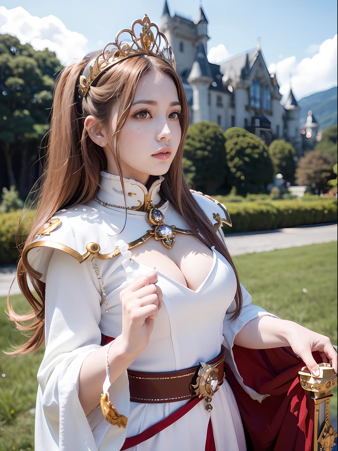 (masutepiece), Professional , masterpiece、top-quality、photos realistic , depth of fields (Gemstone Silver Metal Body:1.9),(Matte White、Jewel Gold Weapon、(Gorgeous castle background)、(ultimate beauty girl)、(Jewel Metal Body:1.4),Gorgeous Jewel Metal Weapons , Detailed Sword of the Brave ,( Tears from the eyes) ,warhammer 40k , adepta sororitas,Detail and ornate jewel crown、独奏、Brown hair、(Gangle's forest background)、Beautiful Caucasian beauty、1a person、dynamic ungle,(((Diamond tiara with detail and luxury)))、a small face、Powerful poses、(Gorgeous castle background)、huge filesize、20 year old beautiful woman、Stand in the center of the screen、Thin female fingers、Straight long hair、Beautiful Caucasian beauty、
