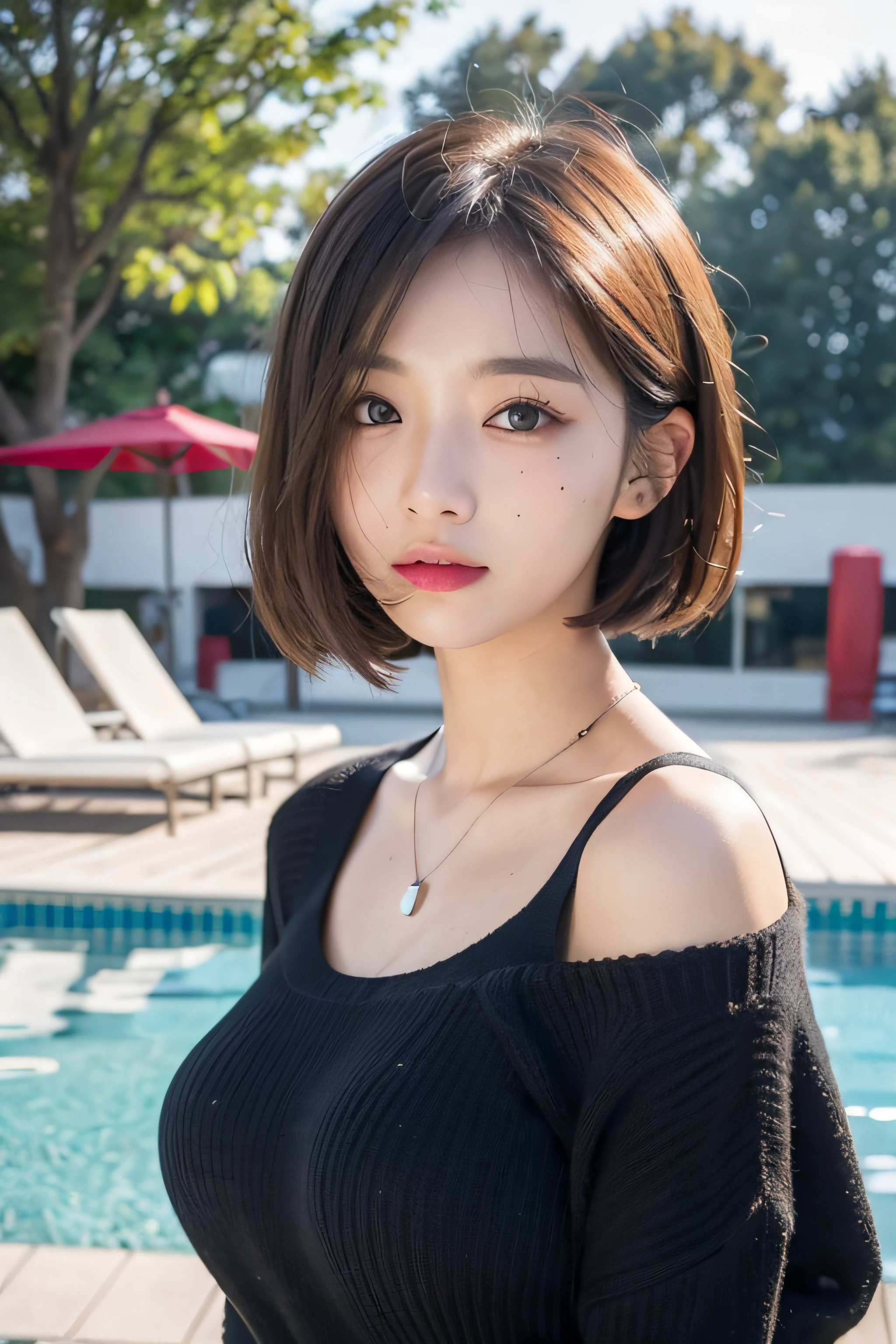 Cute,Sexy face,(8K、RAW Photos、top-quality、masterpiece:1.2)、(realisitic、Photorealsitic:1.37)、1 rapariga、18year old、femele、natta、profetional lighting、Photon mapping、in poolside、torn、Colossal tits、gals、Lots of lashes、Lame on the eyelids、Pitch black lip、large full breasts:1.5,(Mole under the eyes:1.2),(thick body:1.2),short cut hair、(blonde hair:1.1),fold your arms behind head:1.5,upper body,(sexy sweater), necklace,