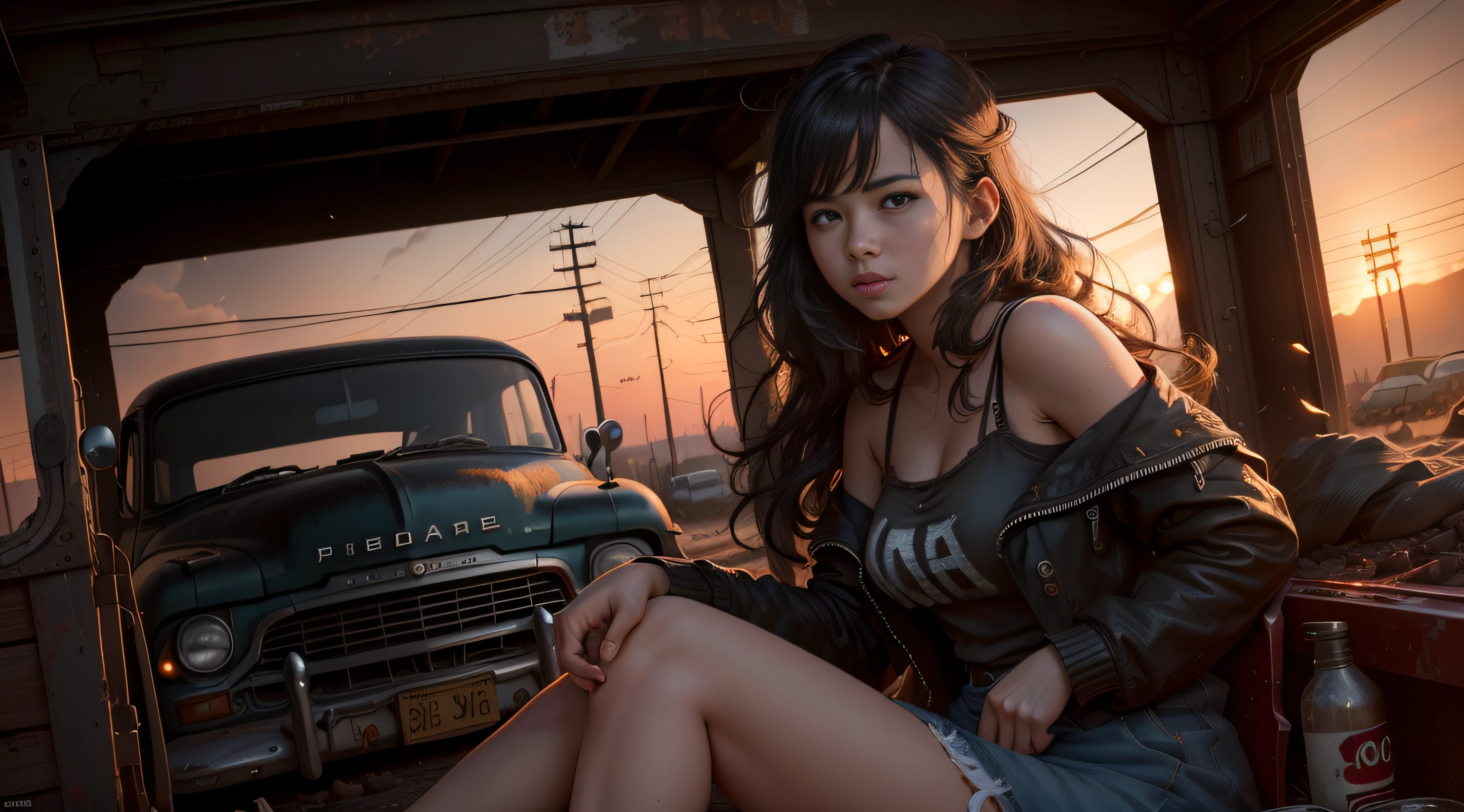 old abandoned gas station, route 66, old broken cars, sunset, bloom, kodachrome colors, sharp focus,(xx),(in the dark:2) Best quality, masterpiece, ultra high res, (photorealistic:1.4), 1girl, offshoulder, (deep shadow:1.2),long hair, low key,black hair, night, realistic, photo-realistic ,(RAW photo, best quality), (realistic, photo-realistic:1.3),best quality,highly detailed,masterpiece,ultra-detailed,illustration,1girl,upper_body,dynamic angle,world masterpiece theater,messy_long_hair,best quality,extremely detailed CG unity 8k wallpaper,ink,Amazing,cinematic lighting,lens_flare, dunhuang_style, show full leg