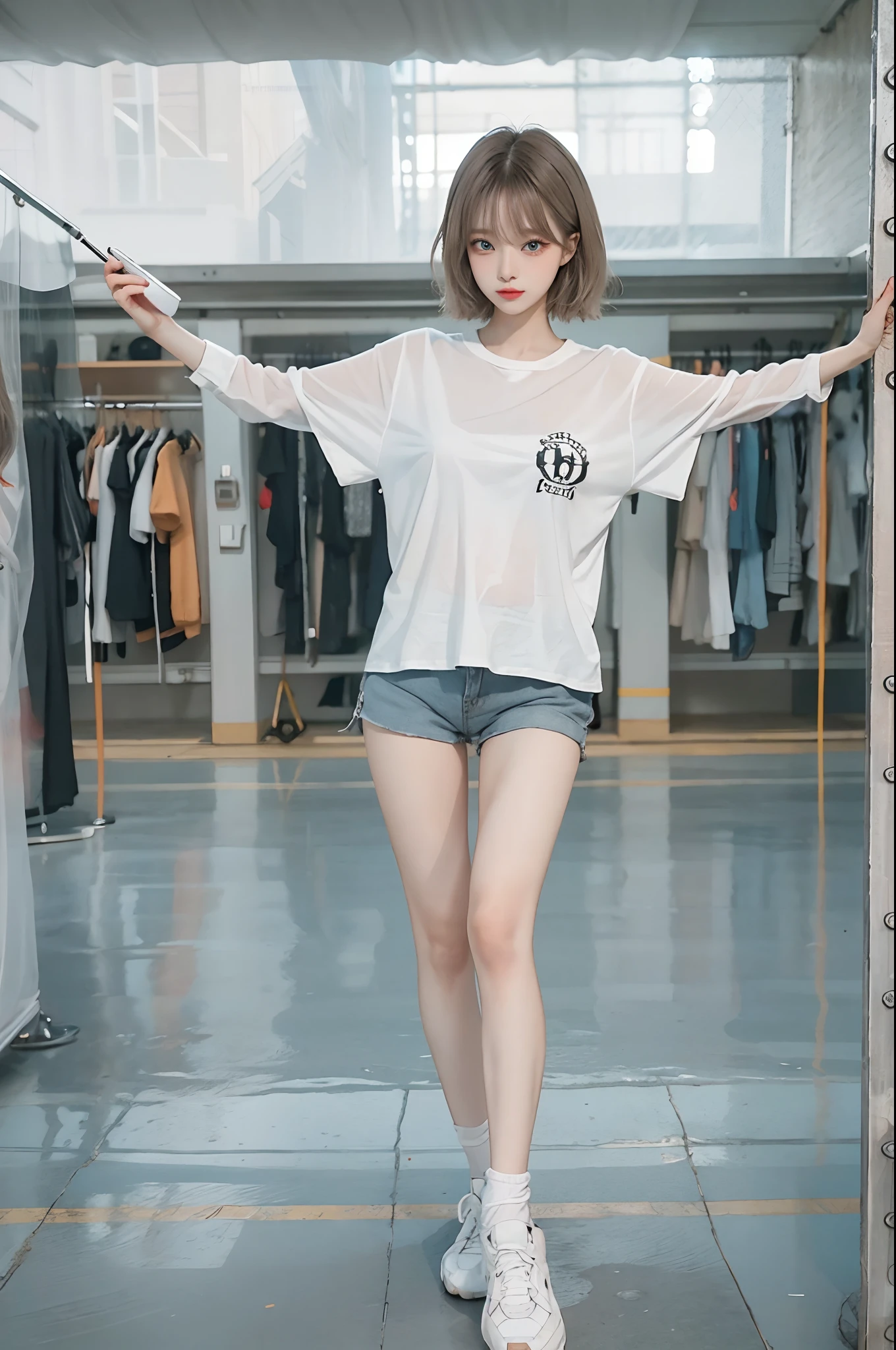 Realistic, high resolution, 1 girl, ponytail gray hair, Korean, blue eyes, small moles under the eyes, white short sleeves, skinny denim shorts, lively, chunky thighs, stockings, school