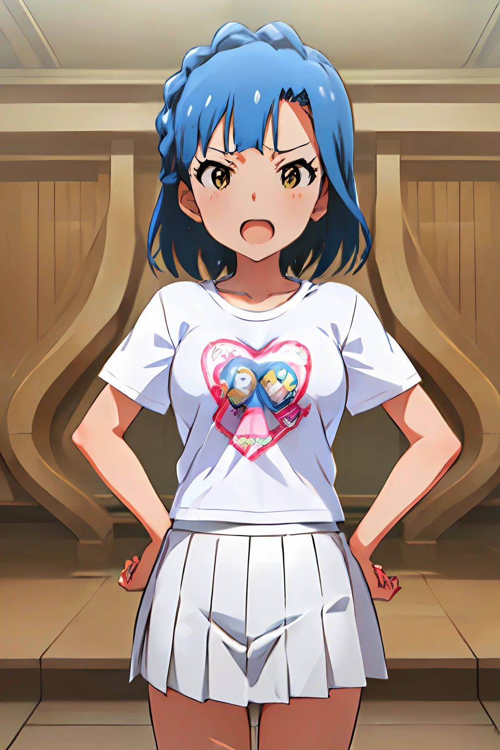 yuriko nanao (million live). Short stature. (((white t-shirts))).(((Skirt))).(((masterpiece))).(((best quality))).((Ultra-detailed))).(((illustratio))). (((put hands on the hip))).(((a room))).(((make a fist))).(((up chest))).Despair face.(((short-hair))).((big breasts)).((Opening Mouth)).