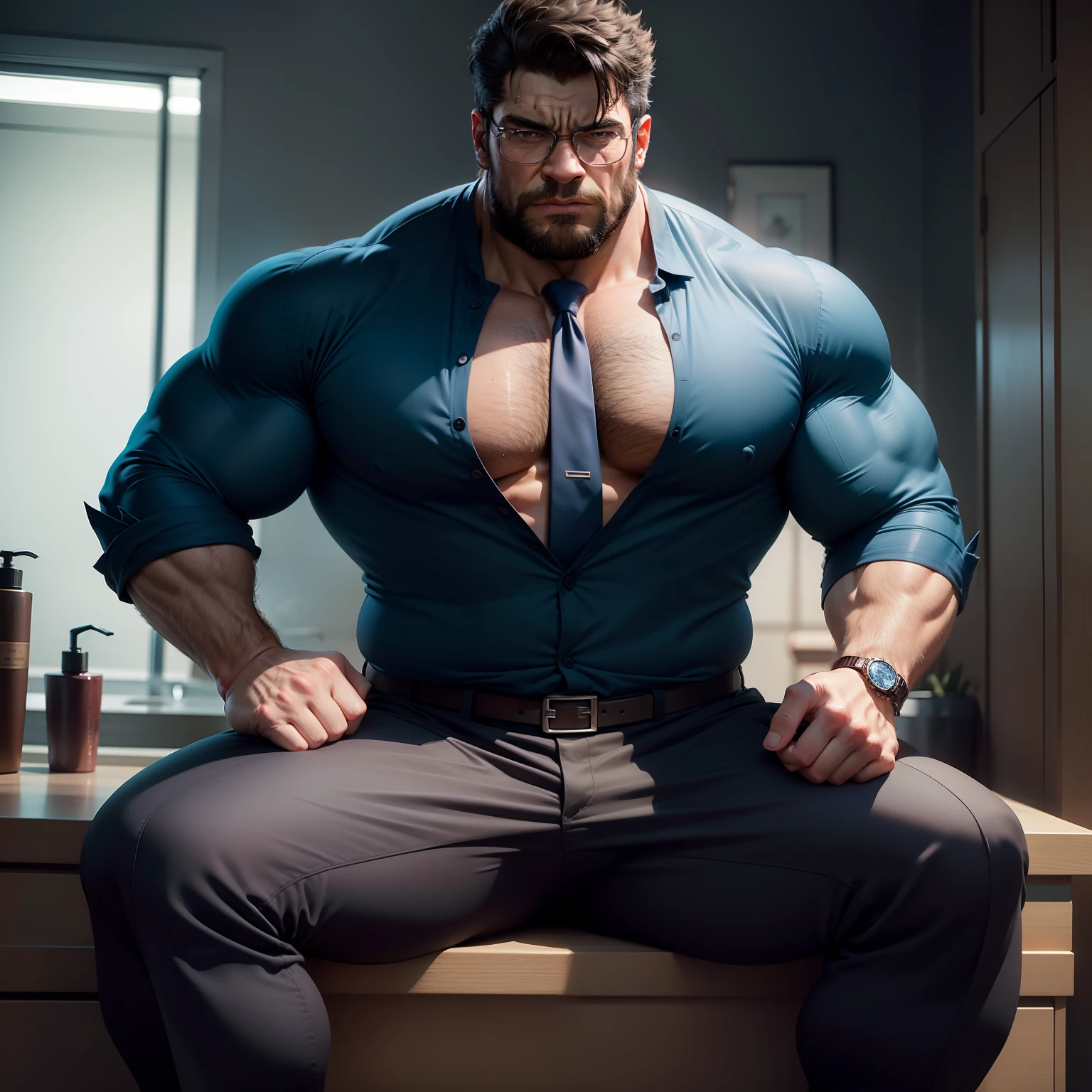 Uncle Hulk muscles in the Avengers，Male uncle，Have a beard，wears glasses，Wearing a long tie，Wear a large dark blue shirt，The shirt is unbuttoned，Exposes the pectorals and abs，Sit in the bathroom，The lower half wears large black trousers，Full Body Sweat，The expression is shy，