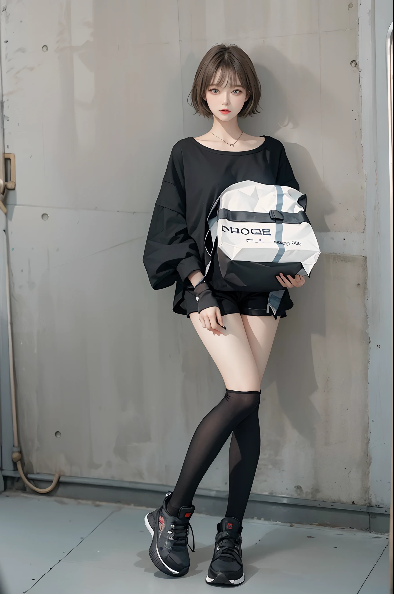 Top image quality、Raw photography、超A high resolution、Cute girl at 18 years old、Shooting for one person only、round breast、tshirts、short trousers of black color、Beautiful Eyes of Details、very elongated eyes、Beautiful eyelashes、Beautiful double eyelids、white walls、Beautiful waist、very slender legs、Shorthair with light brown hair、very slender physique